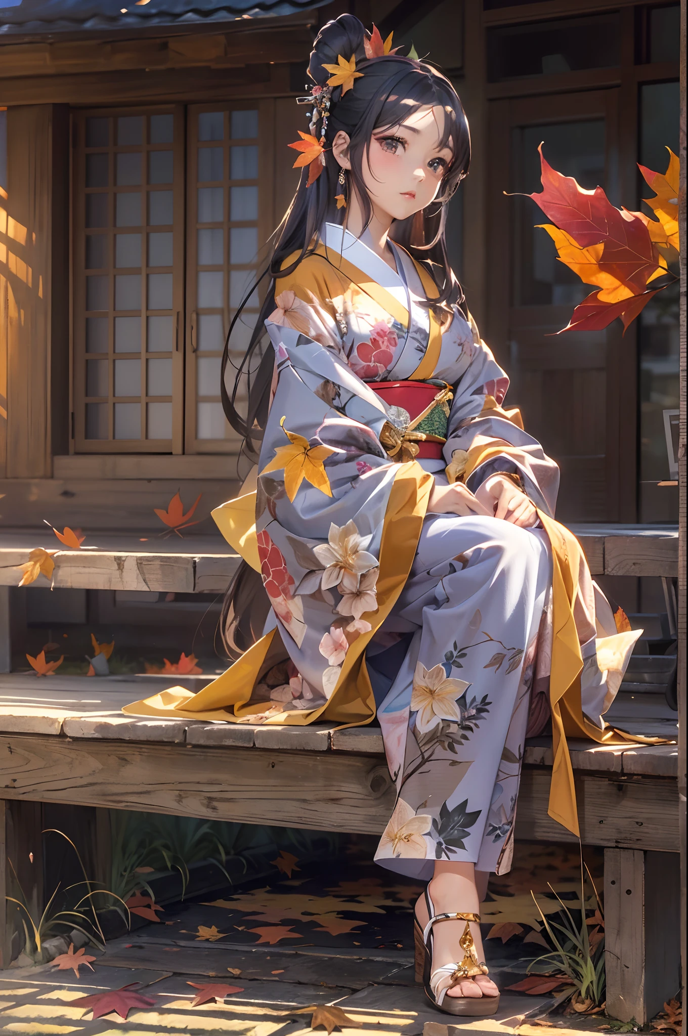 (Official art、absurderes、Best Quality、Unity 8k Wallpapers、32K、masterpiece、ultra-detailliert、超A high resolution、Oil painting style:1.2)、A slender、Medium bust、(Full body:1.2)、(sideshot、Looking away:1.2)、Highly detailed background、Realistic eyes、Sharp pupils、Beautiful girl in kimono、(very detailed face and eyes、beauitful face、super detailed skin、detailed skin textures:1.3)、Lots of autumn leaves、Sunlight、Autumn landscape、Sitting on the porch、(thighs thighs thighs thighs:0.4)