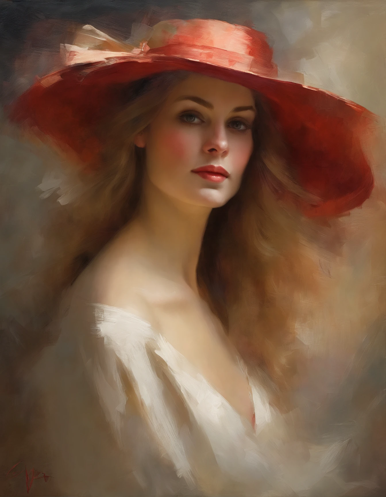 painting of a woman with a red hat and white dress, long blond hair, eyes looking at the camera, elegant digital painting, beautiful portrait acrylic painting, wlop painting style, digital art oil painting, gorgeous digital painting, in style of wlop, beautiful character painting, fine art portrait painting, epic background, beautiful art uhd 4 k.