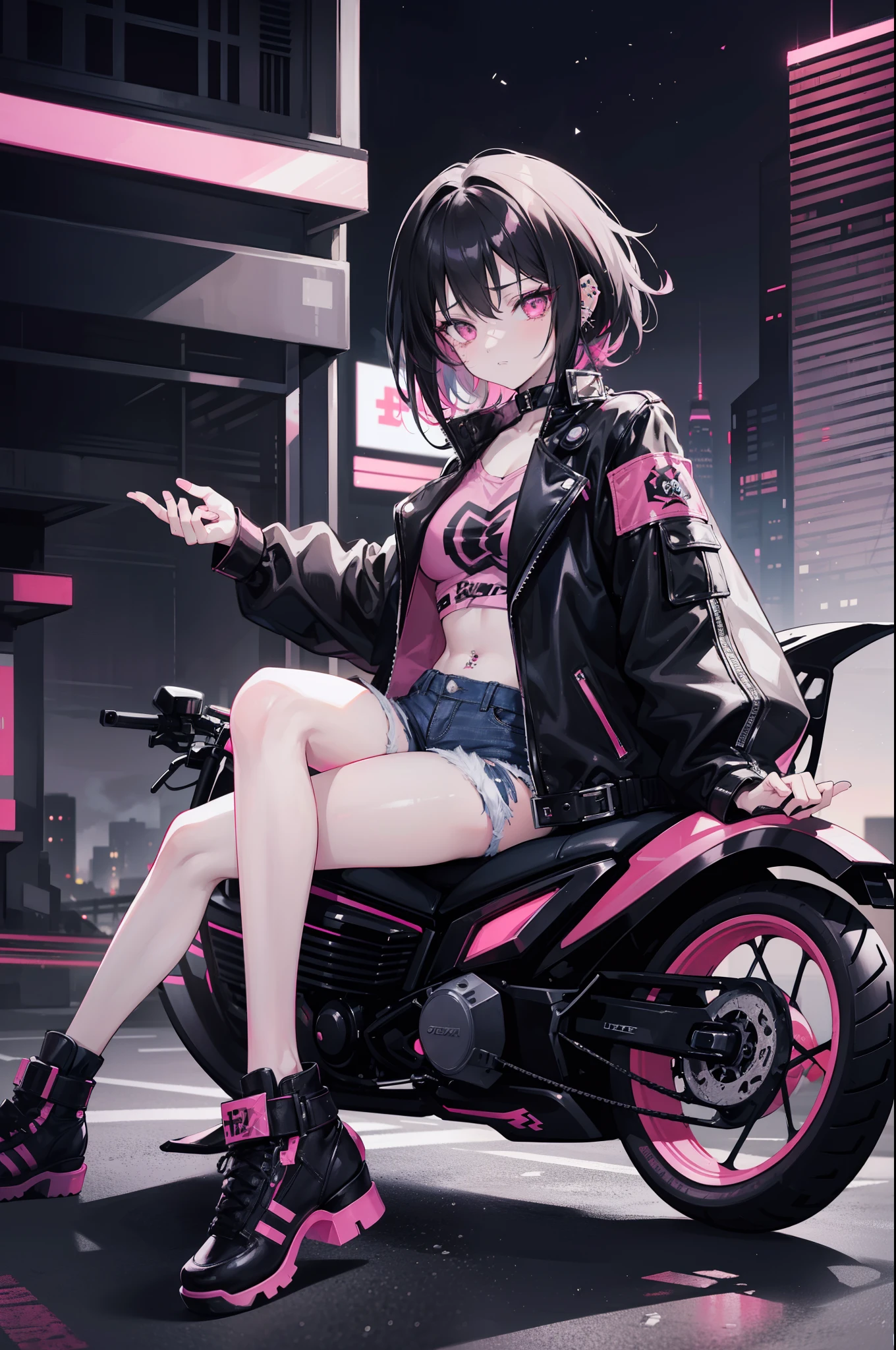 1 anime girl,black hair with pink accents,pink eyes,beautful face,tomboy look,piercings,black leather jacket,black denim jeans with tears on thighs,shoes,background a night scene on a hill with a futuristic city lit up below,character looking with her right hand on her motorcycle