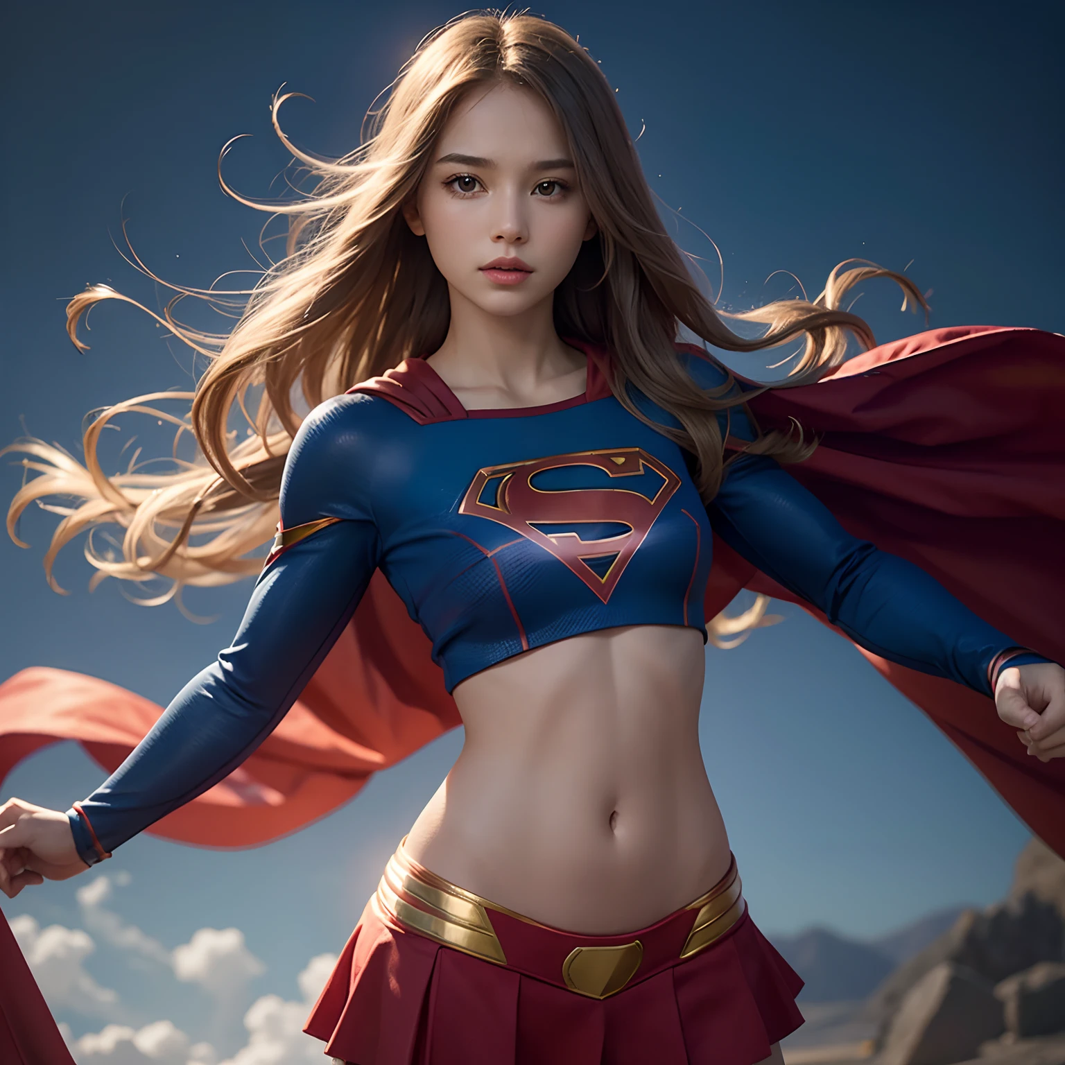 (1girl), solo,  long hair, full body, supergirl, crop top