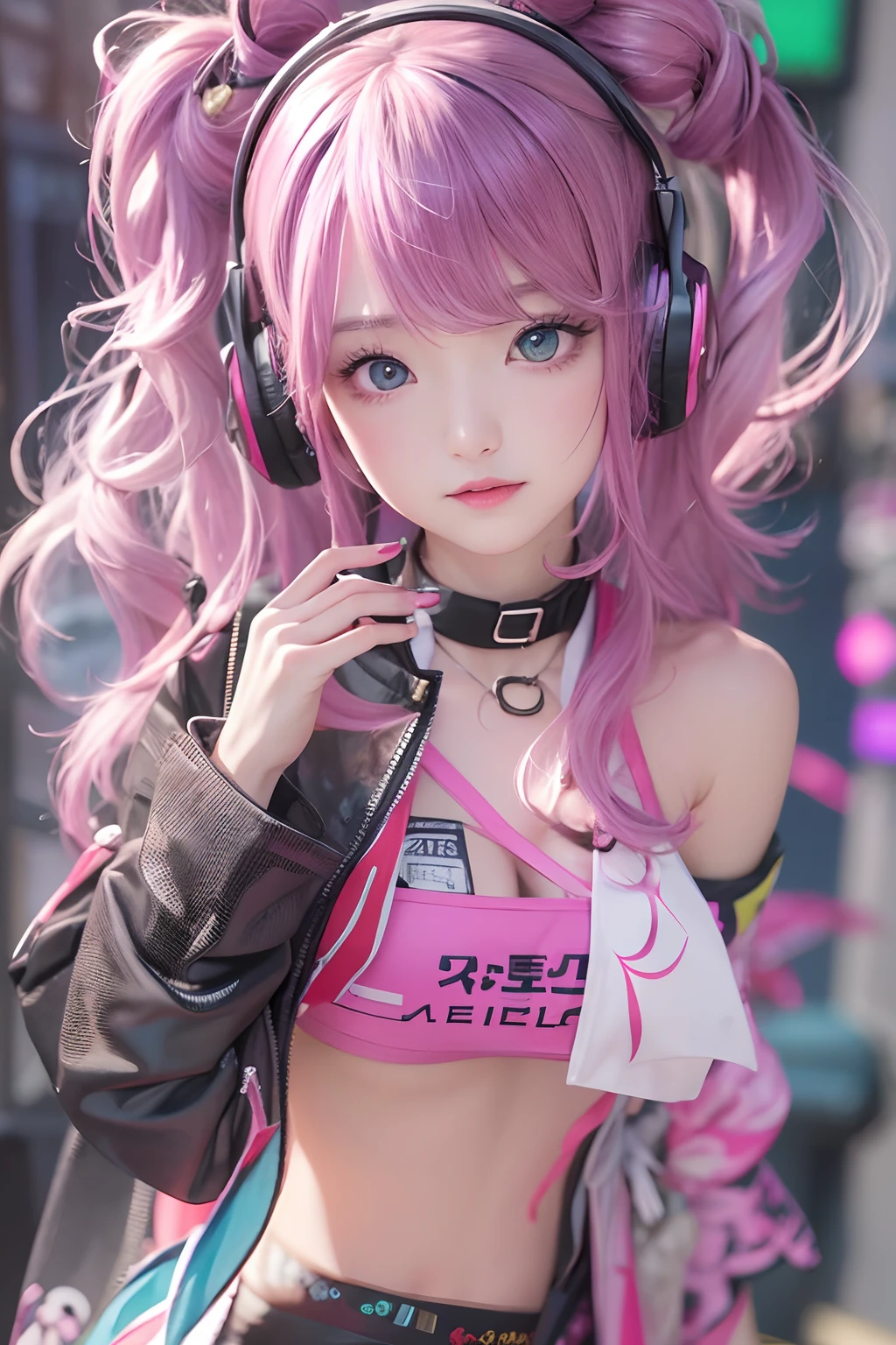 ​masterpiece, 1 beautiful girl, Detailed eye, Swollen eyes, top-quality, 超A high resolution, 电影灯光, japanes, a asian beauty, very extremely beautiful, Beautiful skins, A slender, Forward-facing body, gazing at viewer、(animesque), (hight resolution), , (ighly detailed), ( Best Illustration), (beautifully detailed eyes), (ultra-detailliert), 详细的脸, Bright lighting, Professional Lighting、The background is a cyberpunk room with a large number of monitors..............、Hair color is pink twin tails、、headset on head、Moles under the eyes、Plump and glossy lips、Heart-shaped choker、Female Game Commentator、animesque