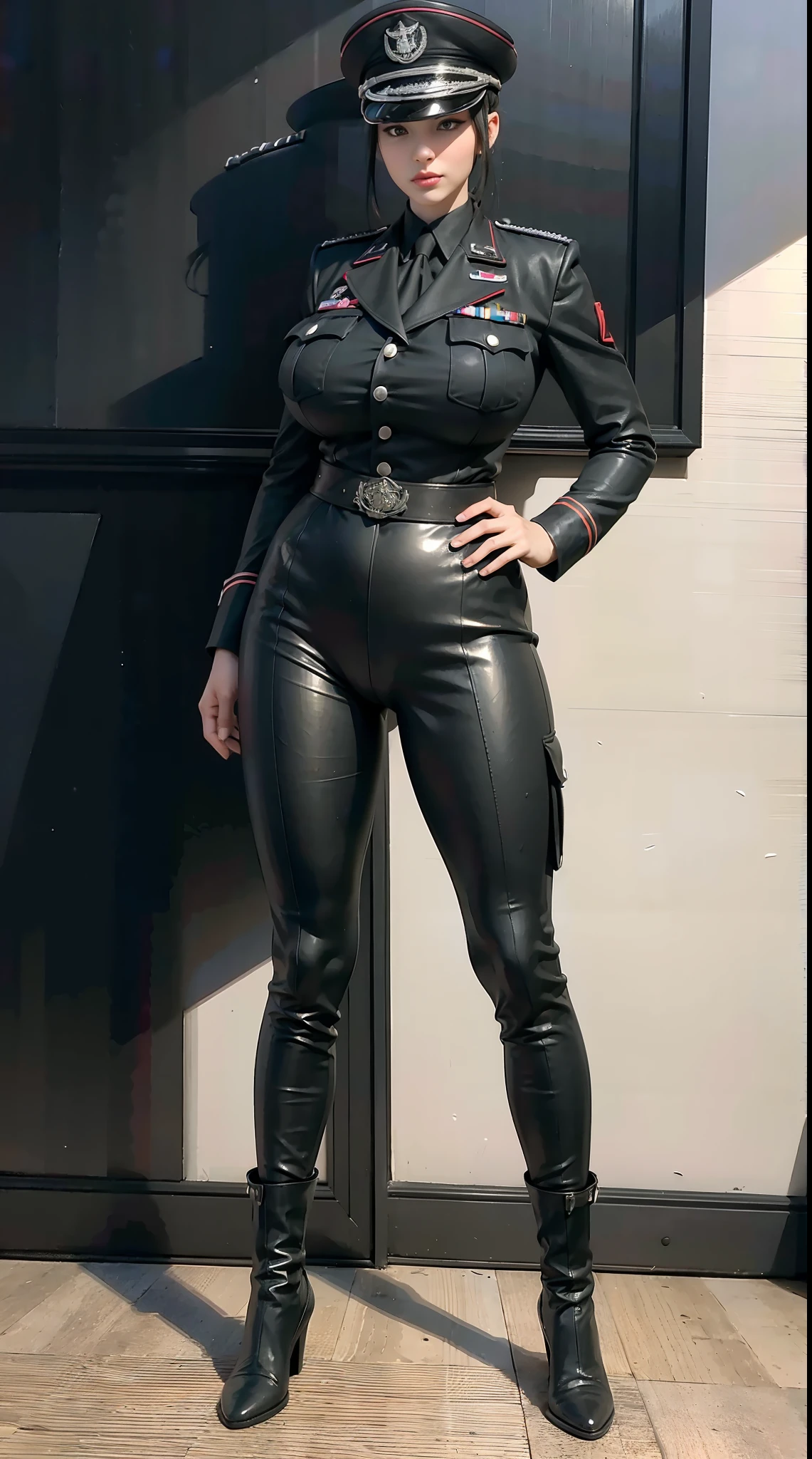 physically-based rendering, 1girl, Female soldier, (huge fake breasts:1.2), sexy muscular body, slim waist, big buttocks, (Full body:1.5), skintight army suit, black military uniform.