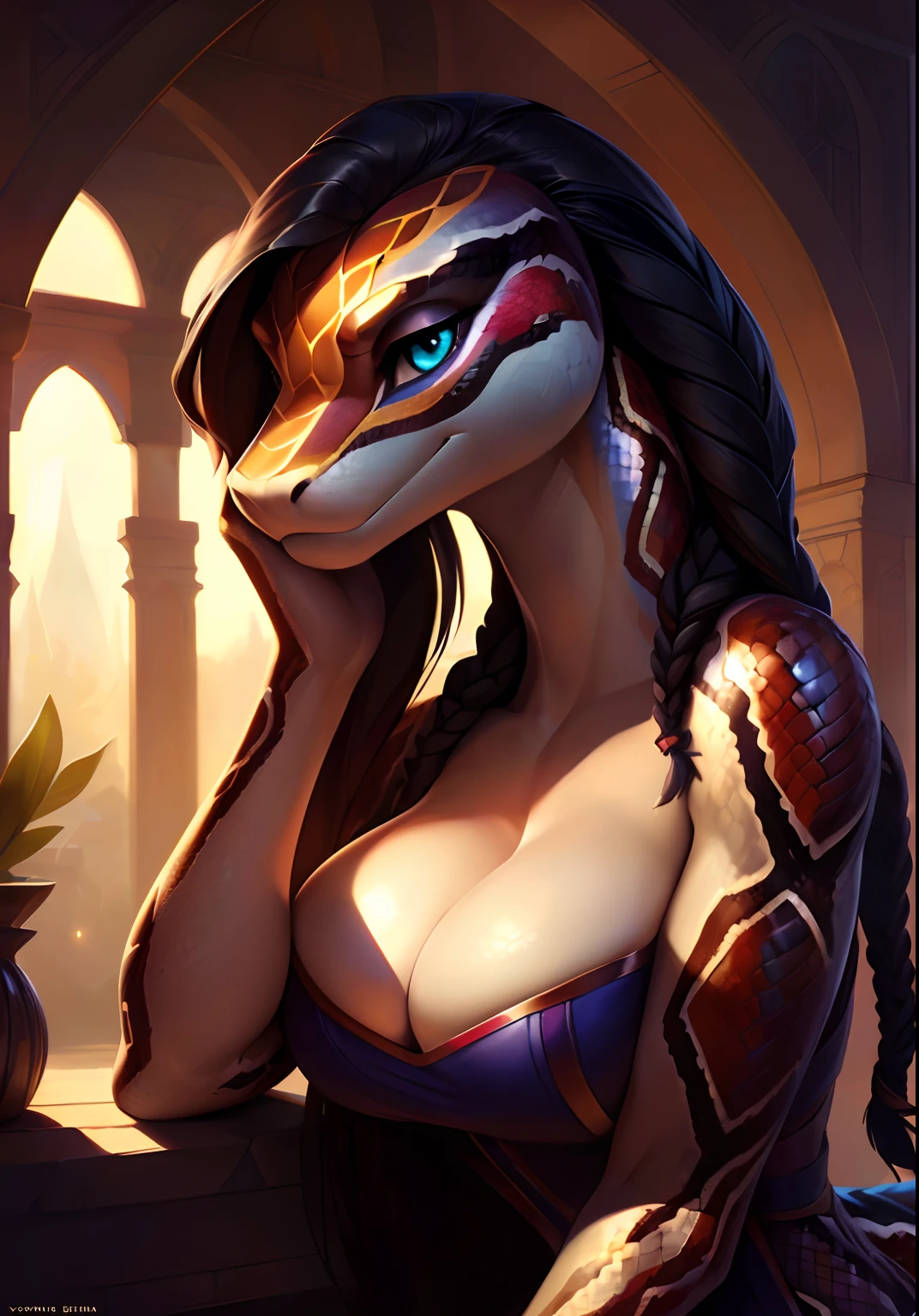 Uploaded on e621, by Pixelsketcher, by Bayard Wu, by Thomas Benjamin Kennington , by Einshelm, solo anthro, ((face portrait)), BREAK, ((mouth open)), shake hissing, very angry, (detailed Bonifasko lighting), (detailed scales), (detailed skin), (colorful snake, colorful snake, colorful snake), (extremely long neck), (her own hands holding her own face), BREAK, ((snake hissing)), ((SFW)), ((long thick colorful tail)), ((braided black hair)), ((facing viewer)), (cinematic lighting), ((detailed background)), ((face portrait view)), (((face view))), (half body shadow), [backlighting], [crepuscular ray], [detailed ambient light], [gray natural lighting], [ambient light], (higher wildlife feral detail), [explict content], [sharp focus], (questionable content), (shaded), ((masterpiece), hissing, her own hands holding her own face, braided hair, medium scales breasts, breasts, furry colorful snake, snake face, furry Fantasy Art, furry Art, Commission for High Res, anthro Art, Art,Sakimichan beautiful, masterpiece, medium breasts, best quality, detailed image, bright colors, detailed face, perfect lighting, perfect shadows, perfect eyes, girl focus, snake eyes, flawless face, big breasts, extremely long neck, face focus, ((long thick colorful tail)) snake, snake girl, scales, scales woman, snake nose, large long muzzle, braided black hair, colorful scales, gaze at the viewer, half-closed eyes, 1girl, solo, (masterpiece), (best quality), (illustration), (cinematic lighting), long hair, detailed scales, balanced coloring, global illumination, ray tracing, good lighting, scales, anthro, showing breasts, cleavage, looking at viewer, seductive look, SFW