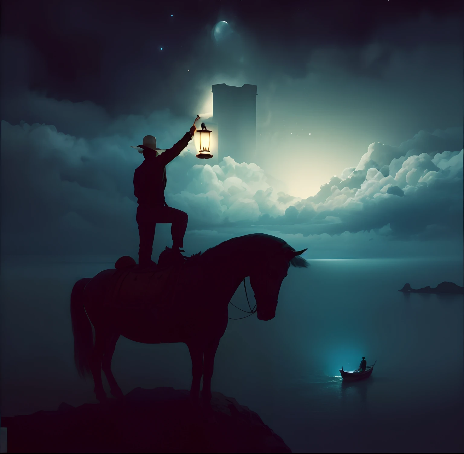 A man on horseback holding a lamp in his hand, Shake it towards the sea, dans la mer, Un bateau avec une petite bougie dedans, Enlightening man on the mountain of the moon, couvert de nuages, La nuit.
