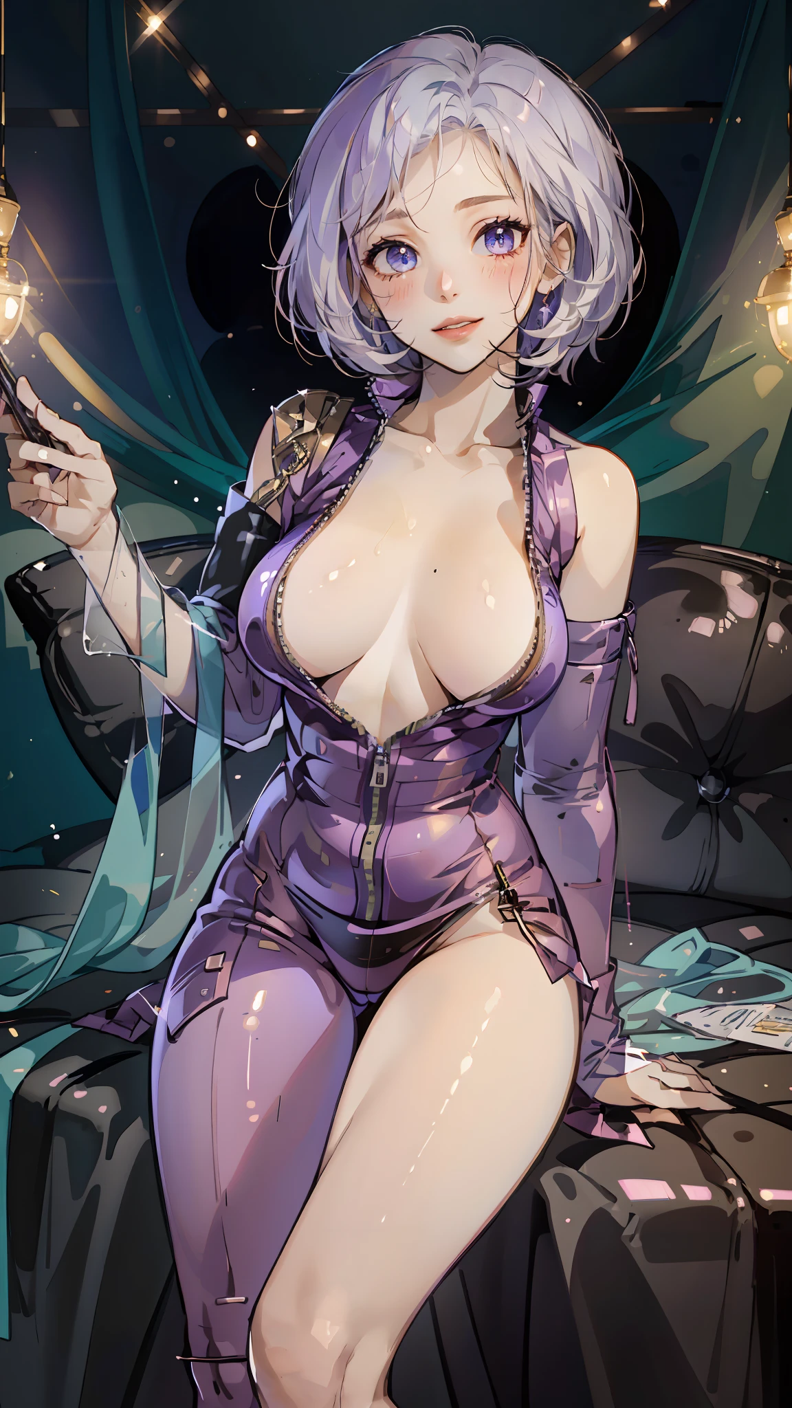 ((((masterpiece, best quality, high resolution)))), (1girl:1.5), white hair, short wavy hair, bob cut, purple eyes, (large breasts: 1.2), blushing, light smile, parted lips, glow, thighs, bare shoulders, collarbone, narrow waist, cleavage, (beautiful detailed face, beautiful detailed eyes), long slender thighs, perfect eyes, looking at the viewer, seductive looks, seductive pose, cowboy shot, (latex bikesuit, full-length zipper, open clothes, open chest)