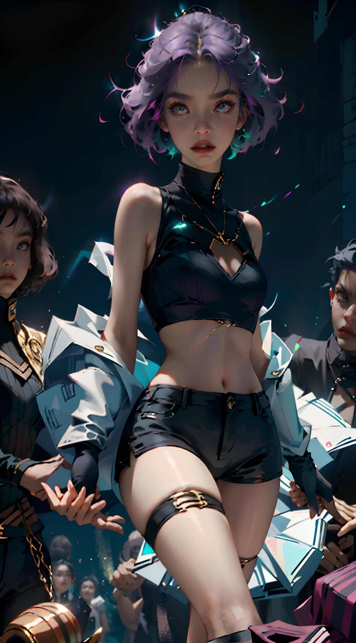 Solo, 1 Doll organism female body, best qualityer, beautiful light up, profesional lighting, photon maping, Radio Siddard, The physical rendering is based on Nanazuna。, 1 female humanoid, rim, black black jacket, Black shirt, Black  shorts, blue color eyes, Diamond stripes, Breasts, Neckline cut, Hollow out clothing, Crop top, cel shadow, Dam, Gradient hair, whaite hair, Hair rings, jaket, light violet hair, looking at viewert, putting makeup on, multicolored hair,  nabel, with her mouth open, red shadow, Camisa, Shorts, Sleeveless, sleeveless turtleneck, sleeveless turtleneck, little breast, Solo, stomach, High laryngeal, Turtleneck sweater harvest top, two tone color hair, Vampires, photo RAW, 8K  UHD, Film Particle, ((Very strong backlight, llight rays, Take the keys))), Close up