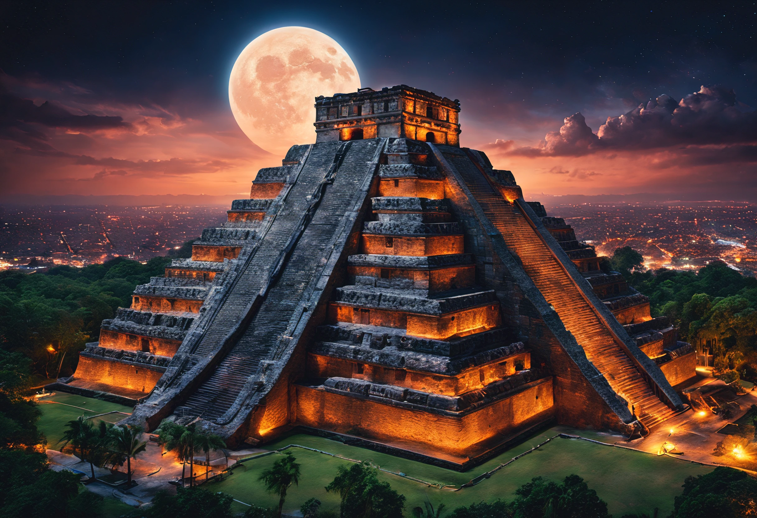High quality Photo of Ancient mayan (temple) in a (futuristic American city) at night, dramatic, low angle shot, high resolution, 8k, high saturation