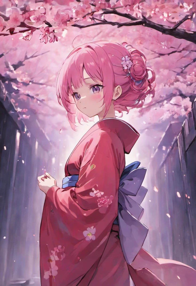pink haired girl. wearing a kimono. at a sakura tree. in night. while raining