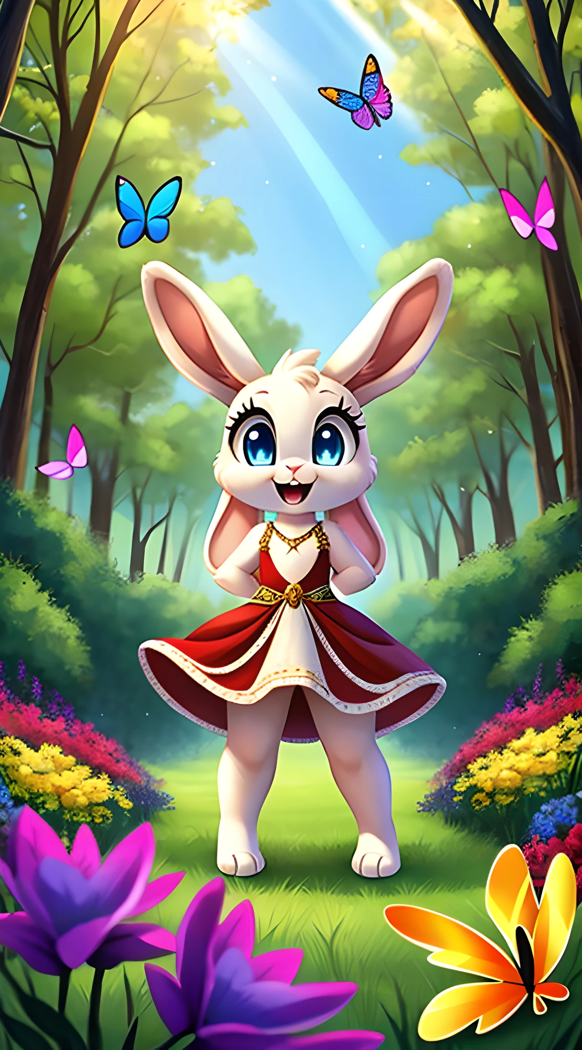 zoomed out image, ((solo character)), cute style art, fantasy style art, cute, adorable, short character, small, tiny little fluffy female white bunny with blue eyes, 2 ears, big floppy ears, long ears, ears perked up, raised ears, long eyelashes, skinny legs, large rabbit feet, long feet, poofy rabbit tail, wearing a long red frilly ribbon dress, visible dripping wet pussy, dress lifted up, smiling, standing in a colorful fantasy forest, soft tones, big expressive smile, open mouth, wide eyes, excited eyes, excited face, stunning visuals, sunlight coming through the trees, flowers scattered in the bushes, butterflies in the air, digital illustration