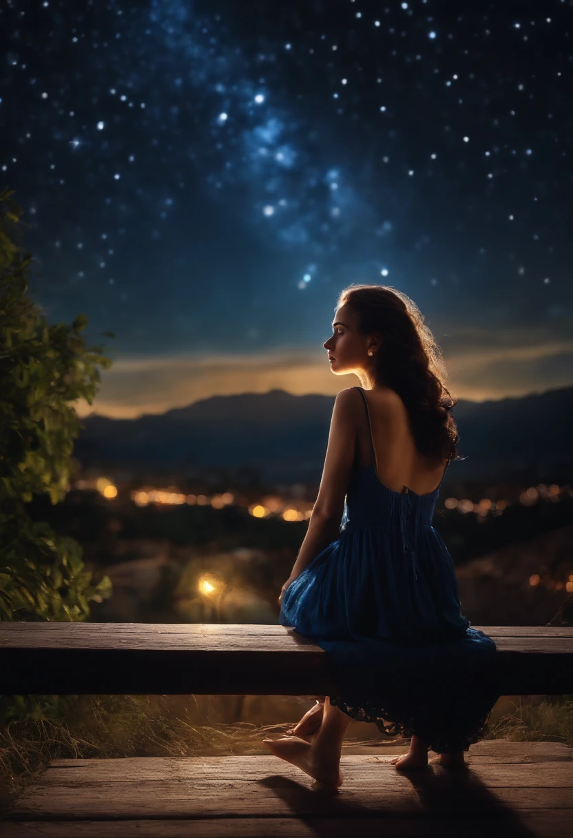 a beautiful chirl girl, sit and looking the sky with a beautiful starlight at night