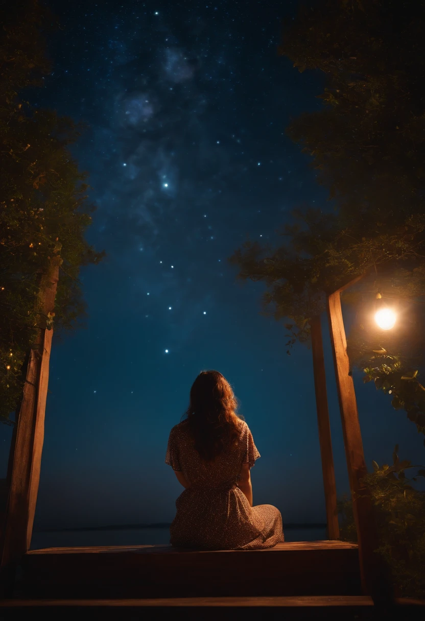 a beautiful chirl girl, sit and looking the sky with a beautiful starlight at night