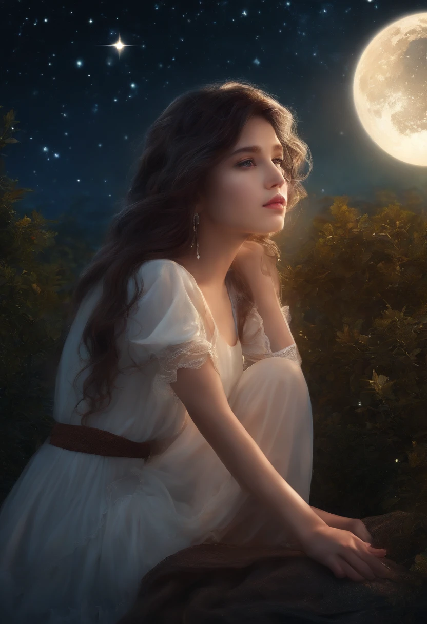 a beautiful chirl girl, sit and looking the sky with a beautiful starlight at night