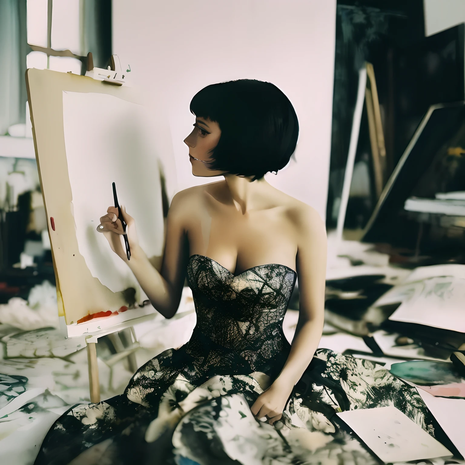 ((( watercolor sketch ))) 8k beautiful woman drawing a big canvas portrait (( designer strapless dress)) cluttered studio, glamorous (( pascal campion style ))