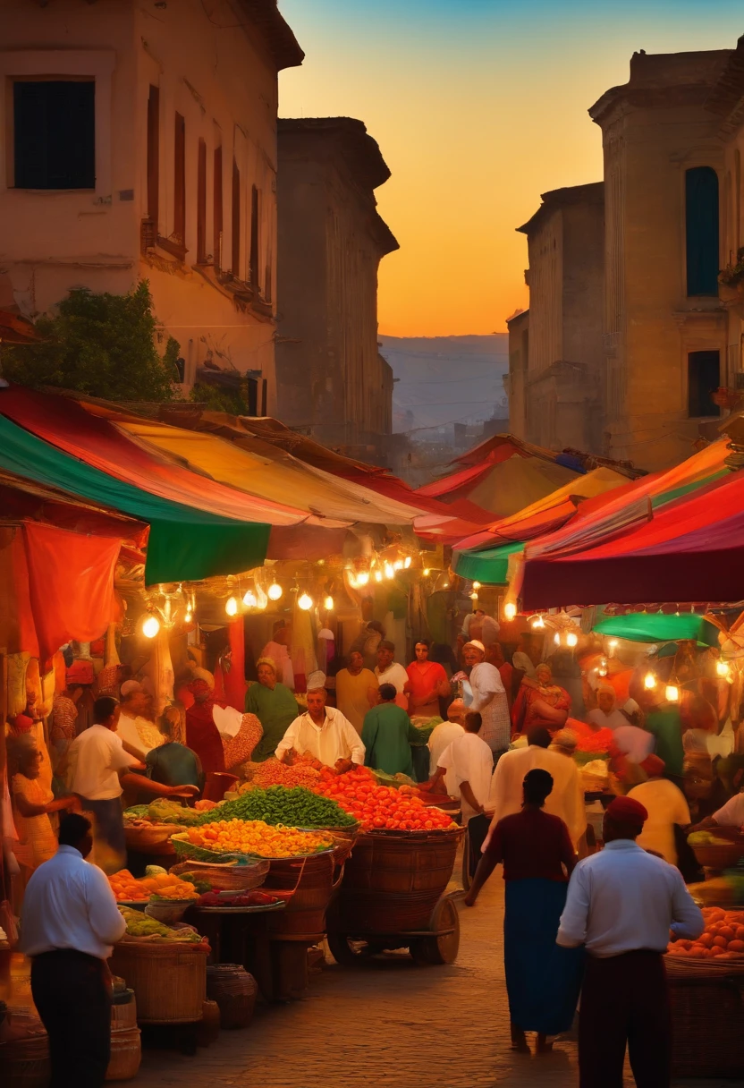 A lively street market on a summer evening, luzes coloridas penduradas em tendas, enthusiastic vendors offering a variety of ethnic foods, Lively crowd, A sense of joy and diversity, Style of oil painting on canvas, --ar 16:9 --v 5