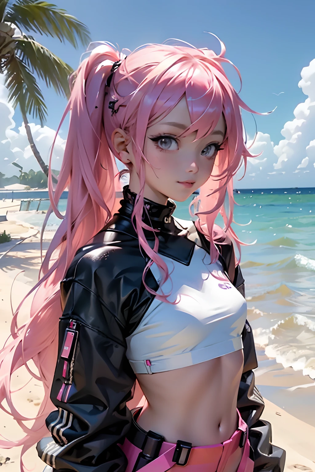 Perfect face. Perfect hands. A pink haired woman with violet eyes and an hourglass figure in a cute bikini is splashing in the waves.
