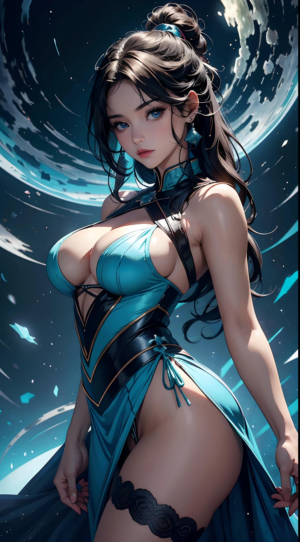 1mujer，25 years old，pechos enormes， solamente，，Coniferous forest， Ella tiene el pelo corto y suelto de color azul claro，vestuario por Hyung Tae Kim, Orange costumes heavily influenced by Blade and Soul game costume designs, de pie，Bigchest，Cabello liso mojado， desde la parte frontal， cabello ondulado， cielo mayormente nublado，（（（obra maestra），（fondo de pantalla muy detallado de CG Unity 8k），mejor calidad，cinematic lighting，Antecedentes detallados，hermosos ojos detallados，pupilas brillantes，（muy fino y hermoso），（Beautiful and detailed eye description），Ultra - detallado，Tobra maestra，）），staring at the camera，A high resolution，Ultra - detallado），hermosas piernas，，Expresiones emotivas，Boquiabierto，Flacidez del pecho，，pecho extremadamente grande，extremadamente colorido，More Detailed，Foto de la cabeza a la cintura，the face is well lit, primer plano, Acercar, Best clothing simulation, No multiple duplicate limbs, Symmetrical costume characteristics, State of equilibrium in artistic style, Estilo de arte de equilibrio