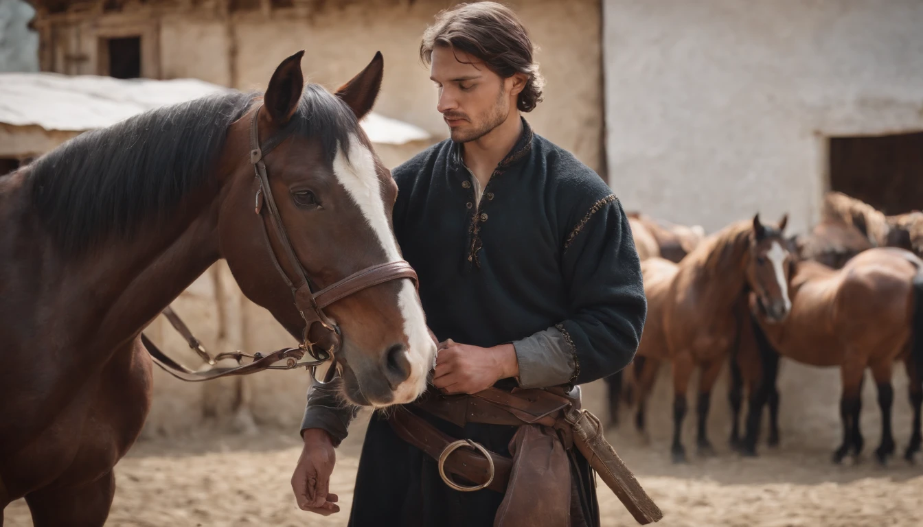medieval hungarian young gypsy man works in stables, tending to dark coated Furioso North Star Mare Horse, daytime, ultrarealistic, textured skin, ultradetailed
