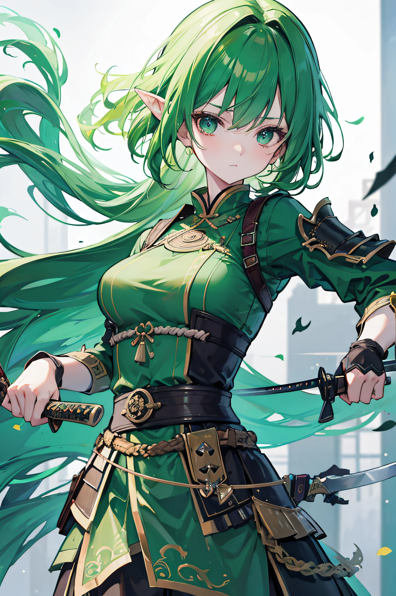 4K,hight resolution,One Woman,elvish,green colored hair,Samurai armor,knifes