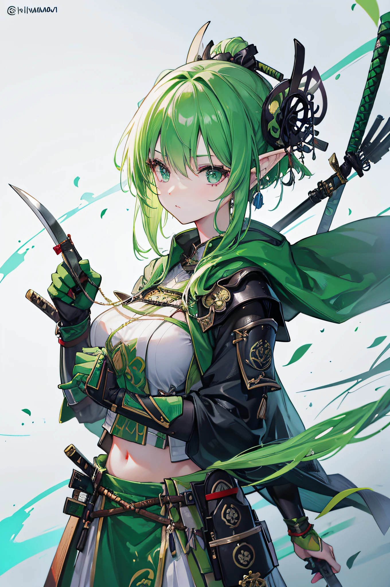 4K,hight resolution,One Woman,Green hair,poneyTail,Red Eyes,Colossal tits,samurais,Green cheongsam,long gloves of black color,Black boots,Japanese Katana Sword,Futuristic city
