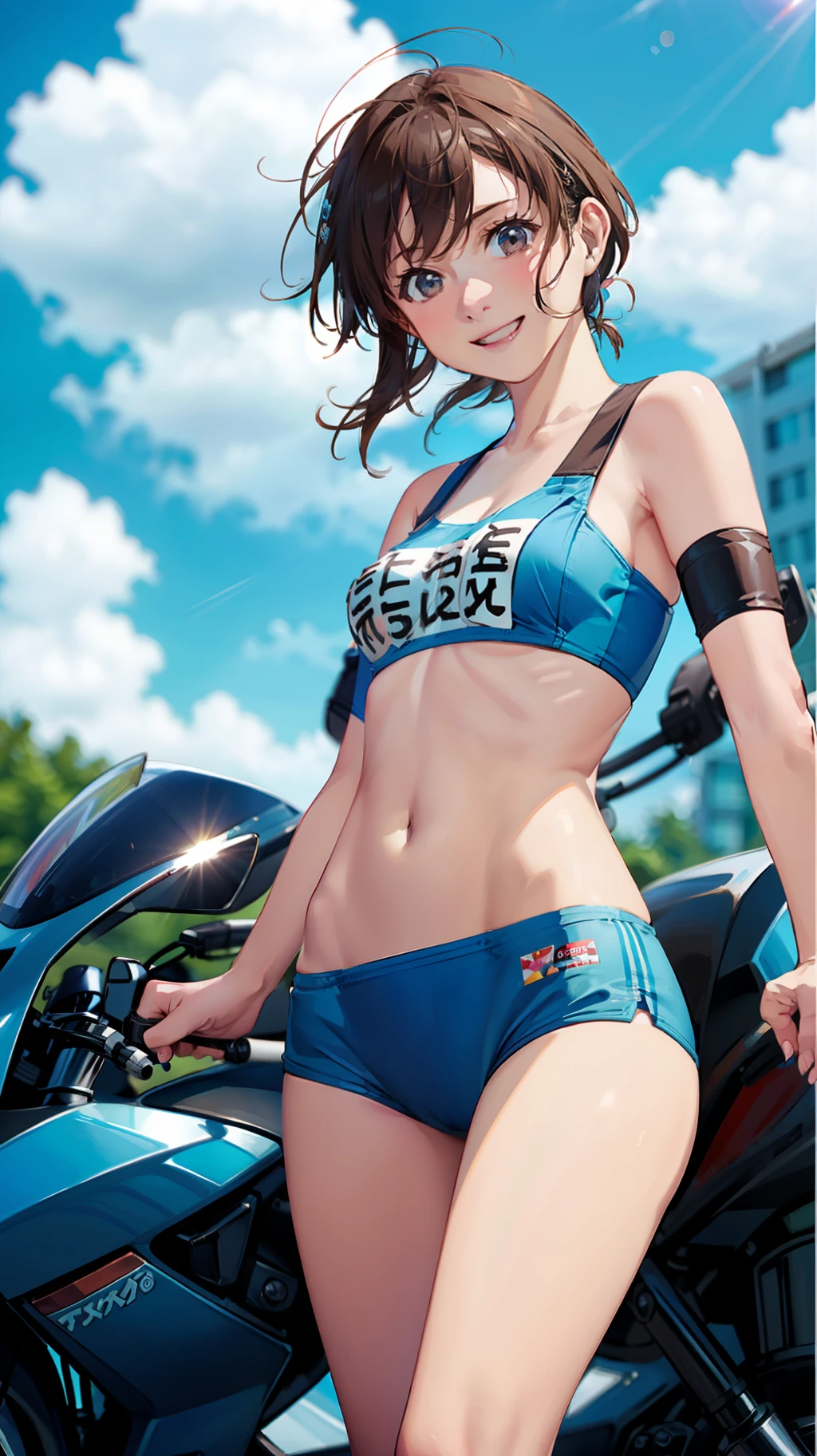 anime girl on a motorcycle wearing a short blue dress and blue leather bra, breasts, shorts, blurry background, 1girl, race queen, brown hair, blurry, smile, navel, looking at viewer, outdoors, skindentation, day, solo focus, bikini, brown eyes, swimsuit