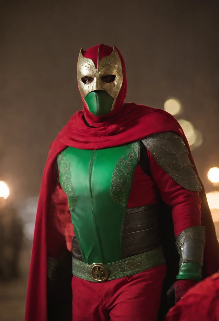 An highly detailed image of a Portuguese superhero dressed in a red and green armor suit, with a black cape and hood covering his face. He has a shield on his chest, with the quinas and castles of Portugal. He is on top of a red motorcycle, Lisbon, at night, surrounded by criminals and villains