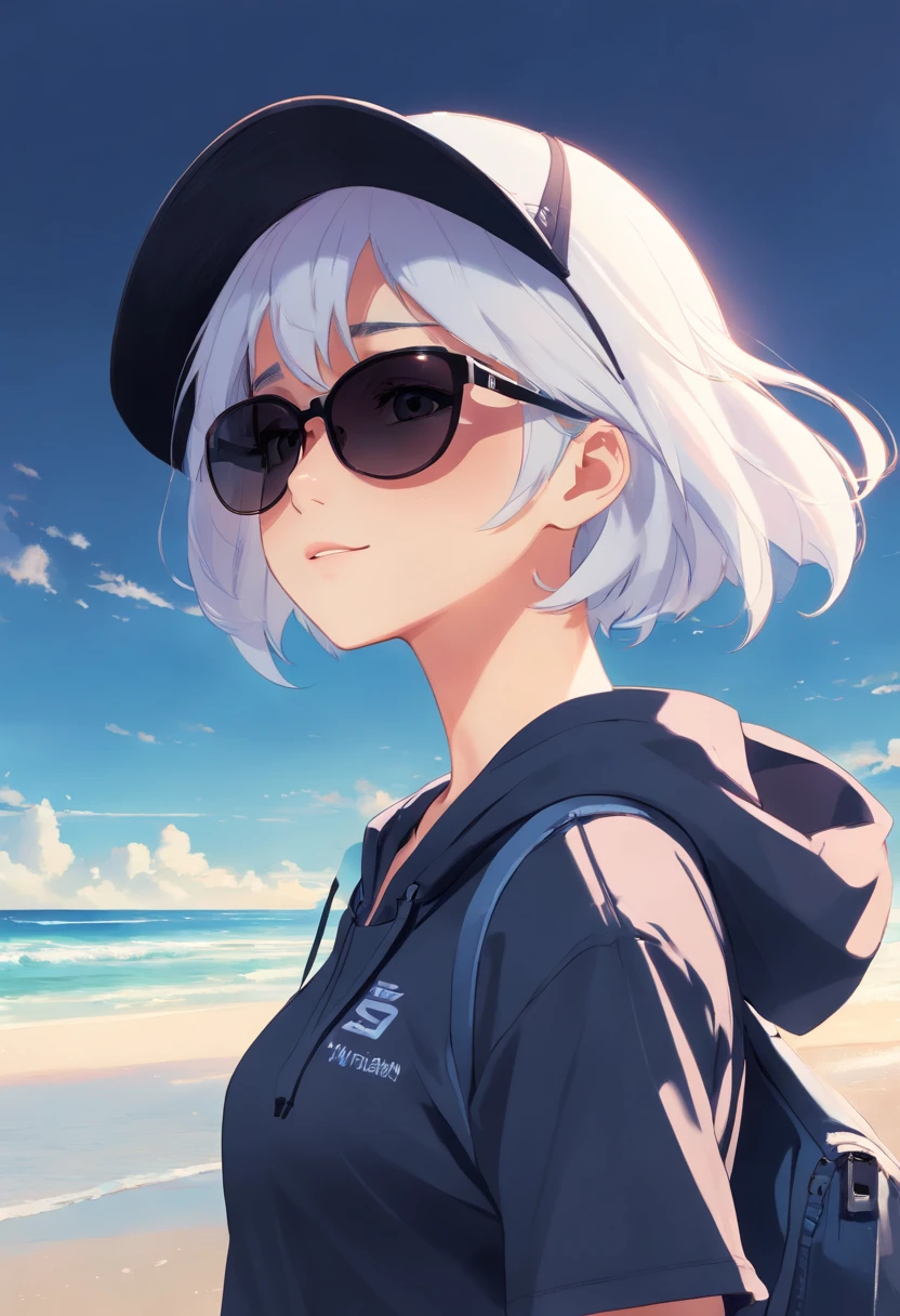 A girl with short white hair, black cap, black sunglasses, dark sports clothes and white skin, happy