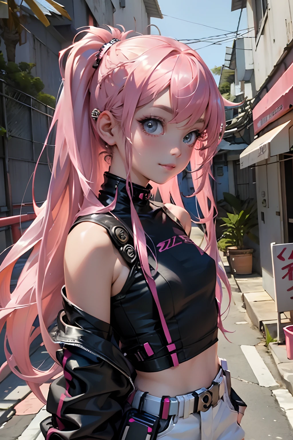Beautiful woman pink twin tail long hair、cyberpunk style short clothes、gazing at viewer、front facing、A slight smil、sea side、Palm trees