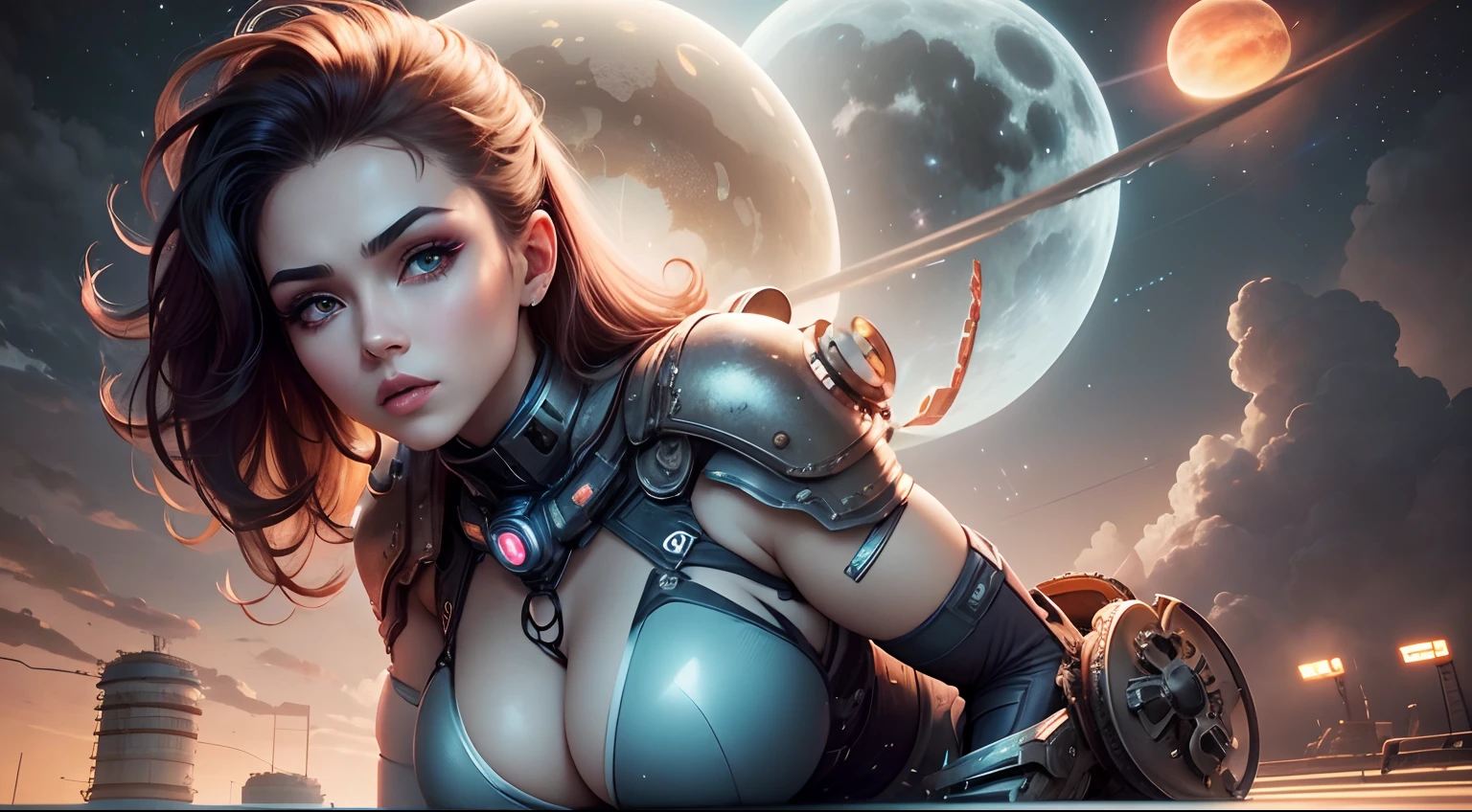 Sexy goddess,Large metal mechanical gears,Strange sky,8K high quality,A pair of big eyes are beautiful and moving,White skin,Makeup,Sexy outfit, 【Background with】Large gold gear,Doomsday ruins,Giant tornado,The setting sun burns the clouds,Multiple planets,The end of the world,Multiple planets,Mards,Jupiter,Lightning Thunder, Mercury,Strange sky,Giant tornado,Blue light,salama,Large flying machines,Large flying saucers,ufos,Cool car,Time Tunnel,nuclear power plant,Futuristic car,Cool headlights,Mechanical pets,space shuttle,The rocket took off and ignited,World War,The scene is magnificent,Air carriers。