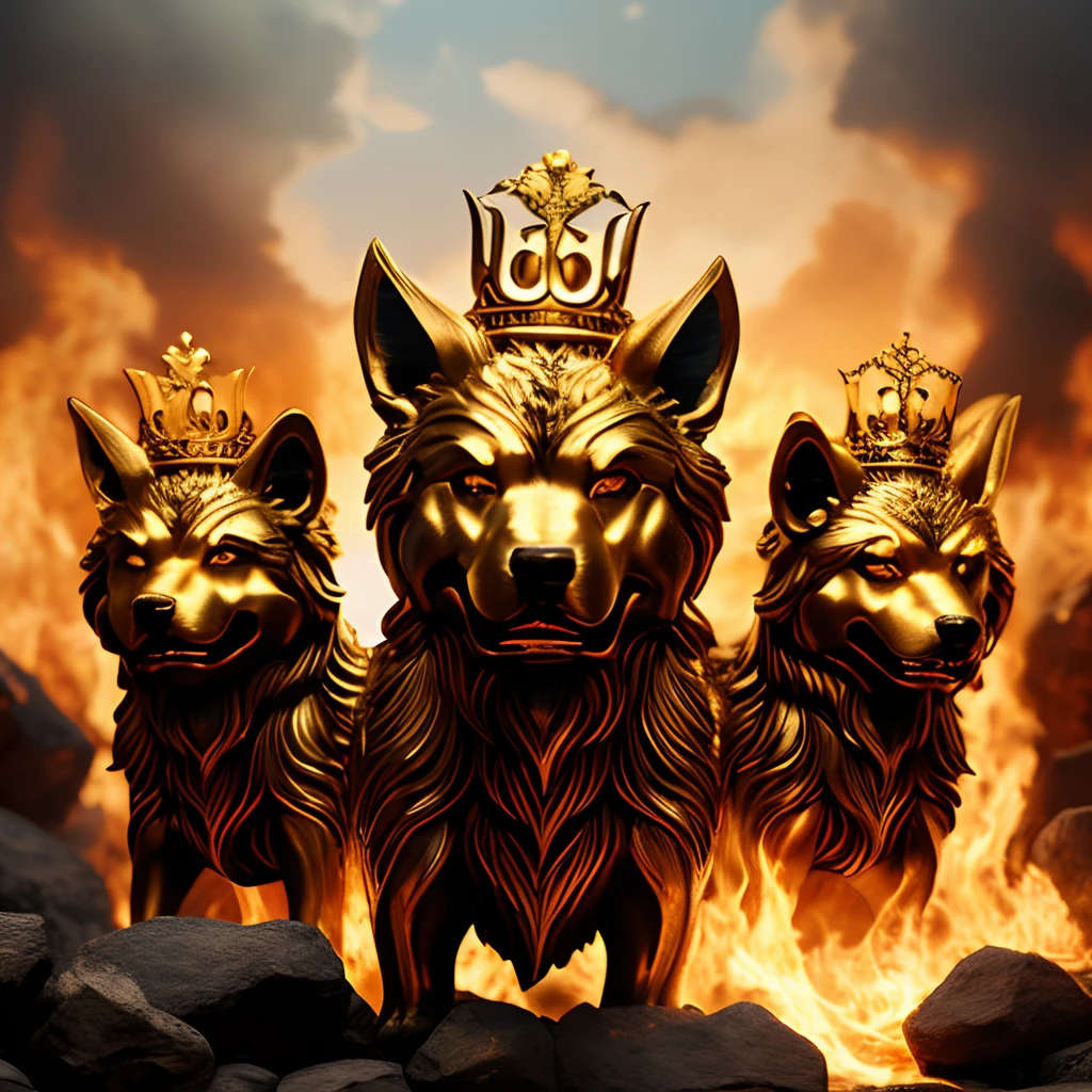 Cerberus with a golden crown on each head, fundo infernal com fogo e rochas, melhor qualidade, 8k, detalhado, thick stroke, three-headed dog, cachorro de hades, mitologia grega