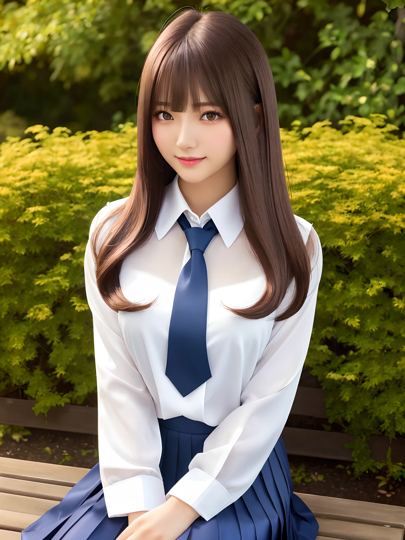 A detailed 3D anime-style image of a cheerful young girl with long, flowing golden hair, wearing a traditional Japanese sailor . She has a white blouse with blue accents and a blue tie, along with a pleated navy skirt. The girl is making a playful peace sign with her right hand near her head, smiling brightly with her purple eyes. Her hair has a slightly messy and wind-swept appearance. The background is light and features subtle, colorful star and flower motifs, enhancing the joyful and energetic mood of the scene. Ensure the art style captures a high level of detail and vivid colors, emphasizing the character's lively personality and dynamic pose.
