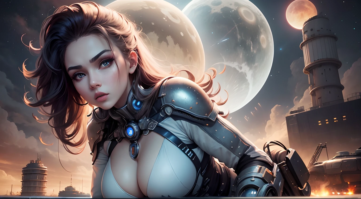 Sexy goddess,Large metal mechanical gears,Strange sky,8K high quality,A pair of big eyes are beautiful and moving,White skin,Makeup,Sexy outfit, 【Background with】Large gold gear,Doomsday ruins,Giant tornado,The setting sun burns the clouds,Multiple planets,The end of the world,Multiple planets,Mards,Jupiter,Lightning Thunder, Mercury,Strange sky,Giant tornado,Blue light,salama,Large flying machines,Large flying saucers,ufos,Cool car,Time Tunnel,nuclear power plant,Futuristic car,Cool headlights,Mechanical pets,space shuttle,The rocket took off and ignited,World War,The scene is magnificent,Air carriers。