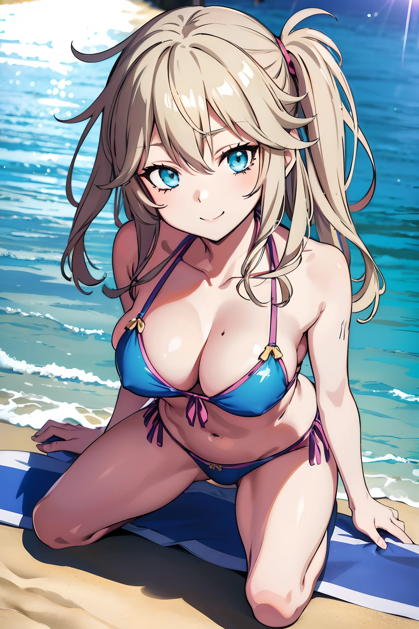 high-level image quality、masutepiece、4K,8K,Anime Cell Style,Best Quality, High resolution,Kasukabe Tsumugi,(bikini of:1.3),(Beach:1.3),Happy smile,blash