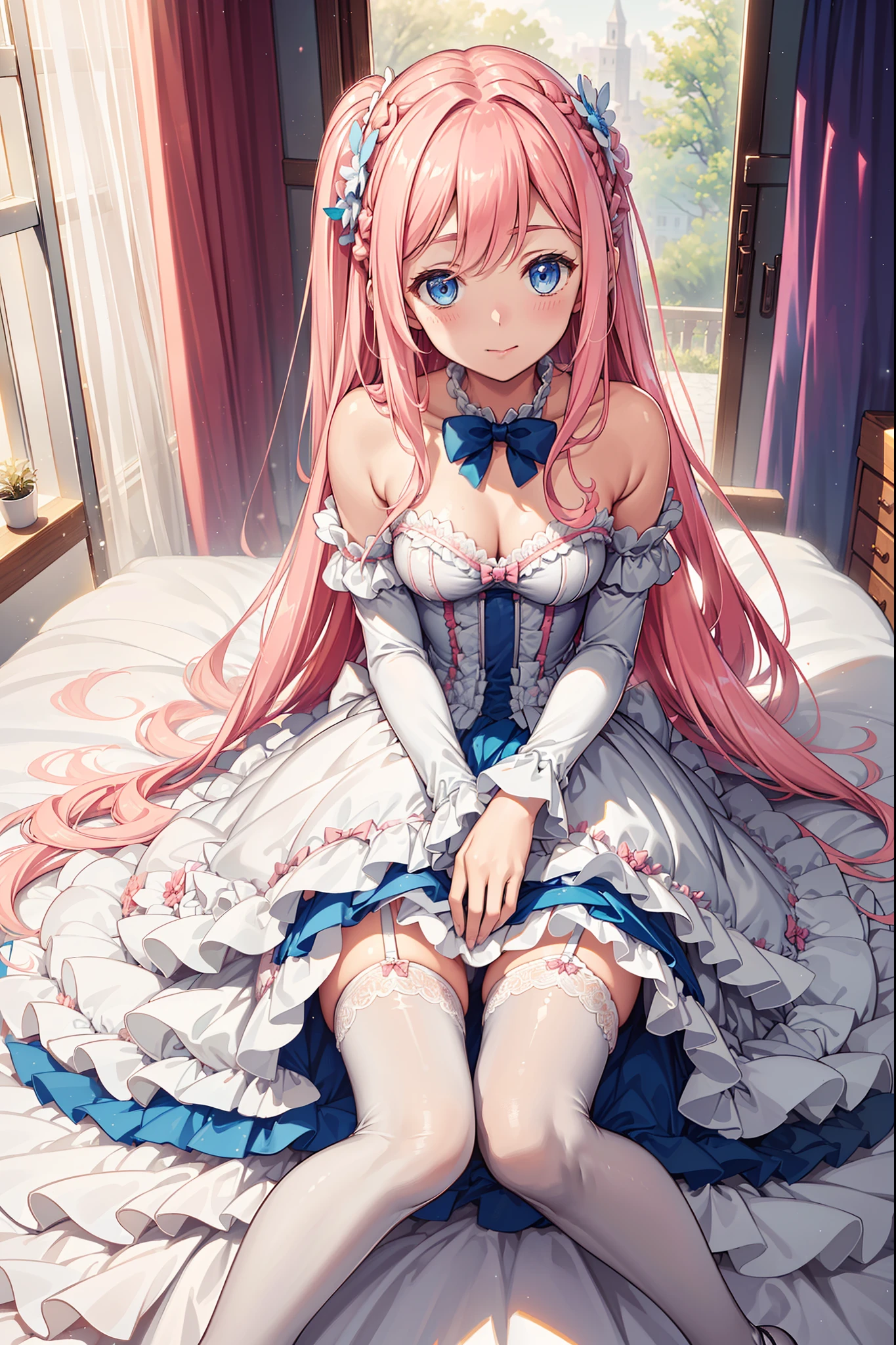(Best quality,4K,8K,A high resolution,Masterpiece:1.2),Ultra-detailed,,teens girl,Enchanting,divino,Light pink hair,eBlue eyes,(white dresses),A small amount of lace,Bow knot,Bedrooms,solo person,the night,lacepantyhose,plush ,Lie down