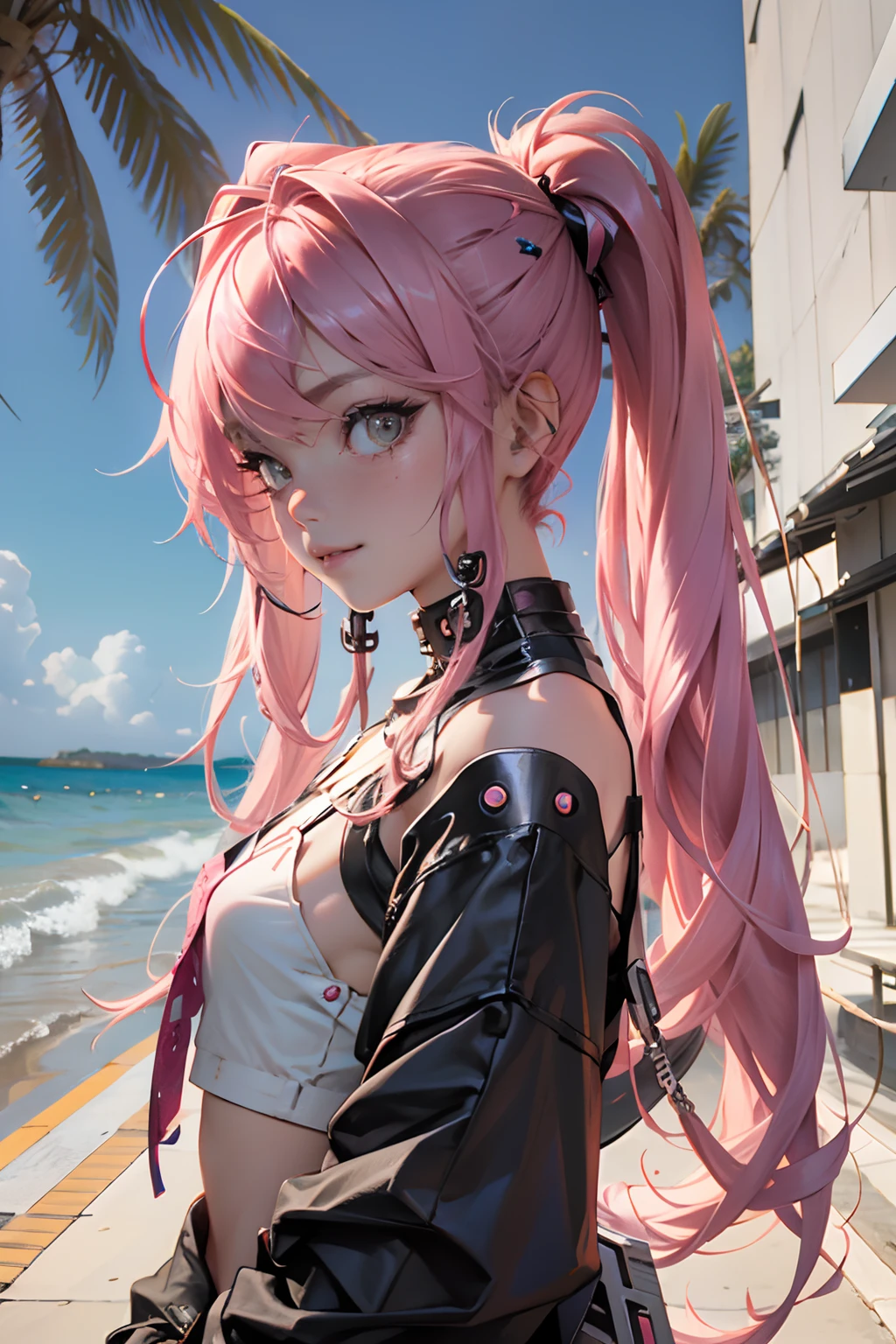 Beautiful woman pink twin tail long hair、cyberpunk style short clothes、gazing at viewer、front facing、A slight smil、sea side、Palm trees
