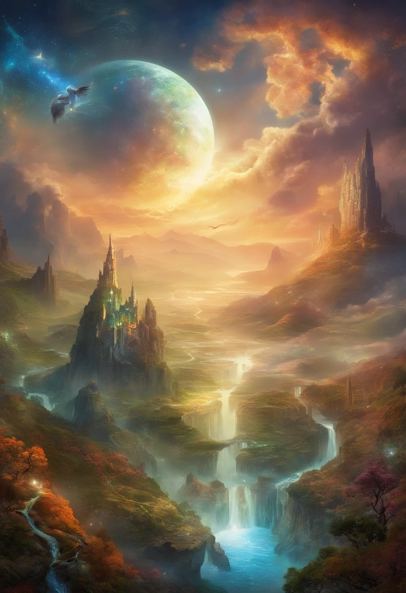 In the vastness of Aelandria, under an enigmatic sky, a myriad of dimensions intertwine. Continentes flutuantes desafiam a gravidade, oceanos vibrantes brilham com cores desconhecidas, and giant mountains harbor cosmic secrets. No horizonte, portais interdimensionais se manifestam, conectando mundos distantes a este epicentro de anomalias. Mystical creatures of all shapes and sizes coexist, um eco de realidades distantes.