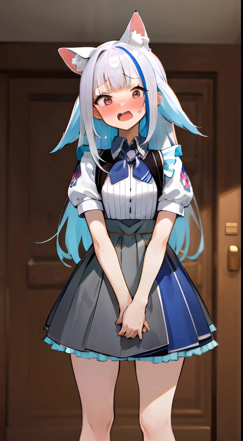 masterpiece, top quality, high resolution, 1girl, straight-on, standing, solo, open mouth, embarrassed, blush, maid costume, maid, mini skirt, short skirt, red cheeks, lineart,  indoor, blush, open mouth, embarrassed, arms in chest, cat pose, moe pose, ear blush, looking at viewer, cat ear, long hair, close up