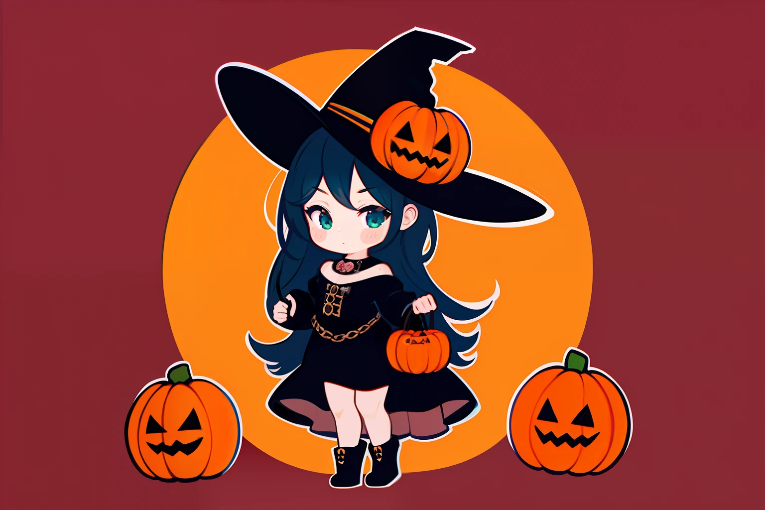 Bruja hermosa con ropa negra, fondo de imagen negro, con calabazas y sombrero en la cabeza estilo "chibi" en halloween , Little witch full body, Lindo arte digital detallado, fashion, illustration