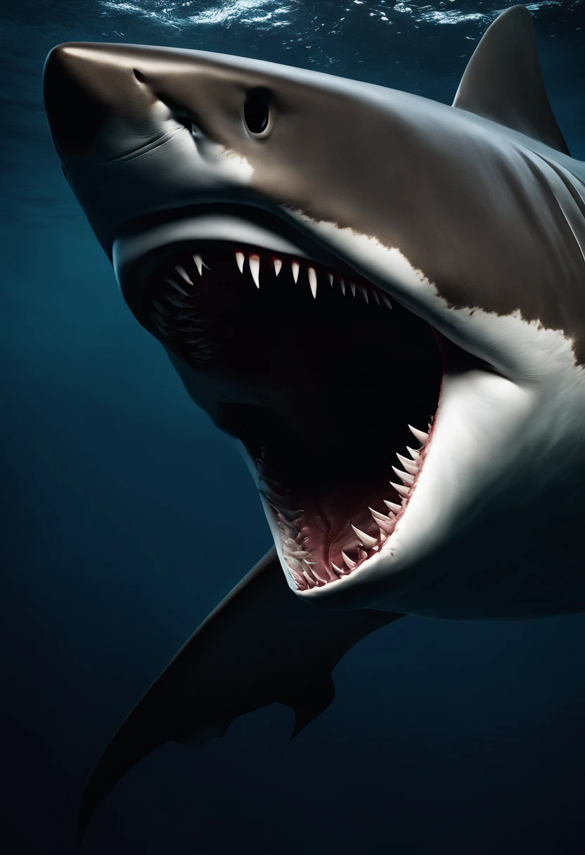 (best quality,highres:1.2,realistic:1.37),strong,muscular mascot,representing a supplement store,shark,muscles,aggressive,dominant,imposing presence,detail-rich anatomy,powerful and defined physique,bulging muscles and veins,bulky body structure,dark intimidating eyes,glistening dripping sweat,striking and defined jawline,sharp teeth and powerful bite,rippling and textured skin,dark and vibrant colors,underwater background,stunning aquatic ambiance,dramatic lighting effect,emphasizing the shark's fierce nature