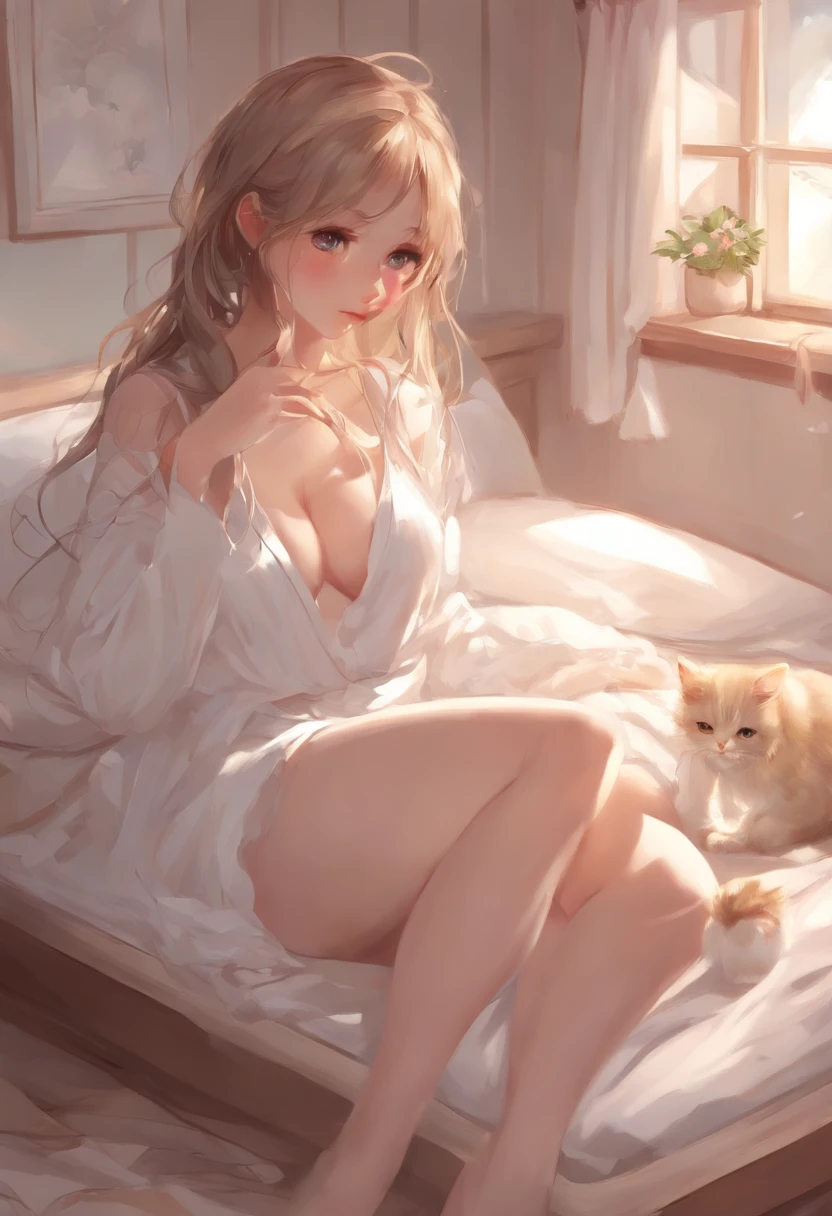 Anime girl in white pajamas gets out of bed with cat, Hang laundry to dry，loli in dress, Small curvaceous，Guviz-style artwork, Guweiz in Pixiv ArtStation, Guweiz on ArtStation Pixiv, Guviz, bit girl, Soft anime illustration, Anime visuals of cute girls, Detailed digital anime art，,loil,tears,bedroom,shy,w
et,long hair,cute,cleavage​