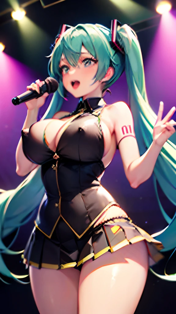 Girl singing on stage, In a short skirt, To Pop, idol, idol, Miku Hatsan vocaloid, Miku hatsune, wide hips, Clothes crash into the body, big breastes, protruding nipples, large nippel