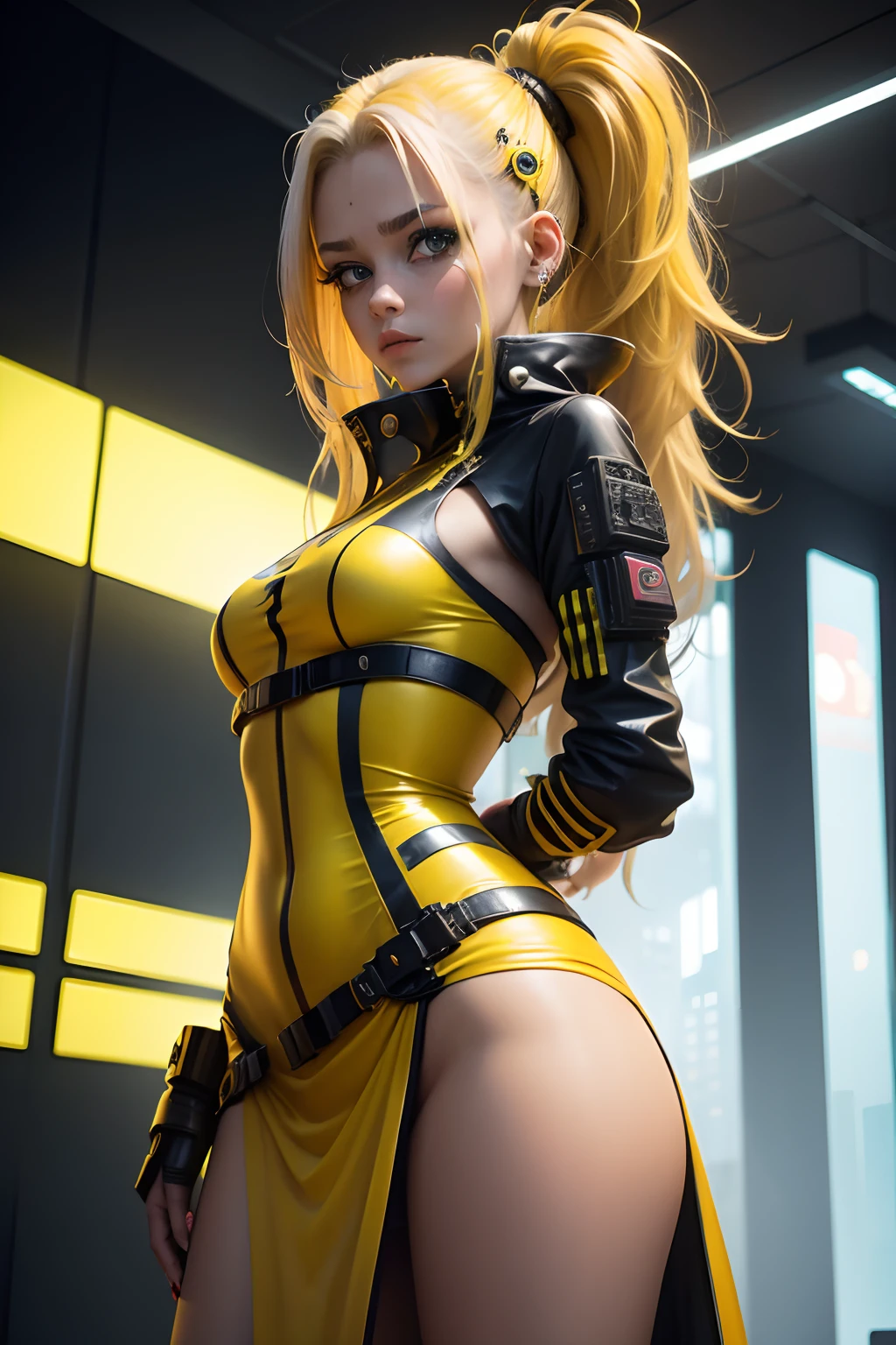 girl wearing yellow cyberpunk dress , half futuristic, mixed of big ladybug spot, long tied blond hair