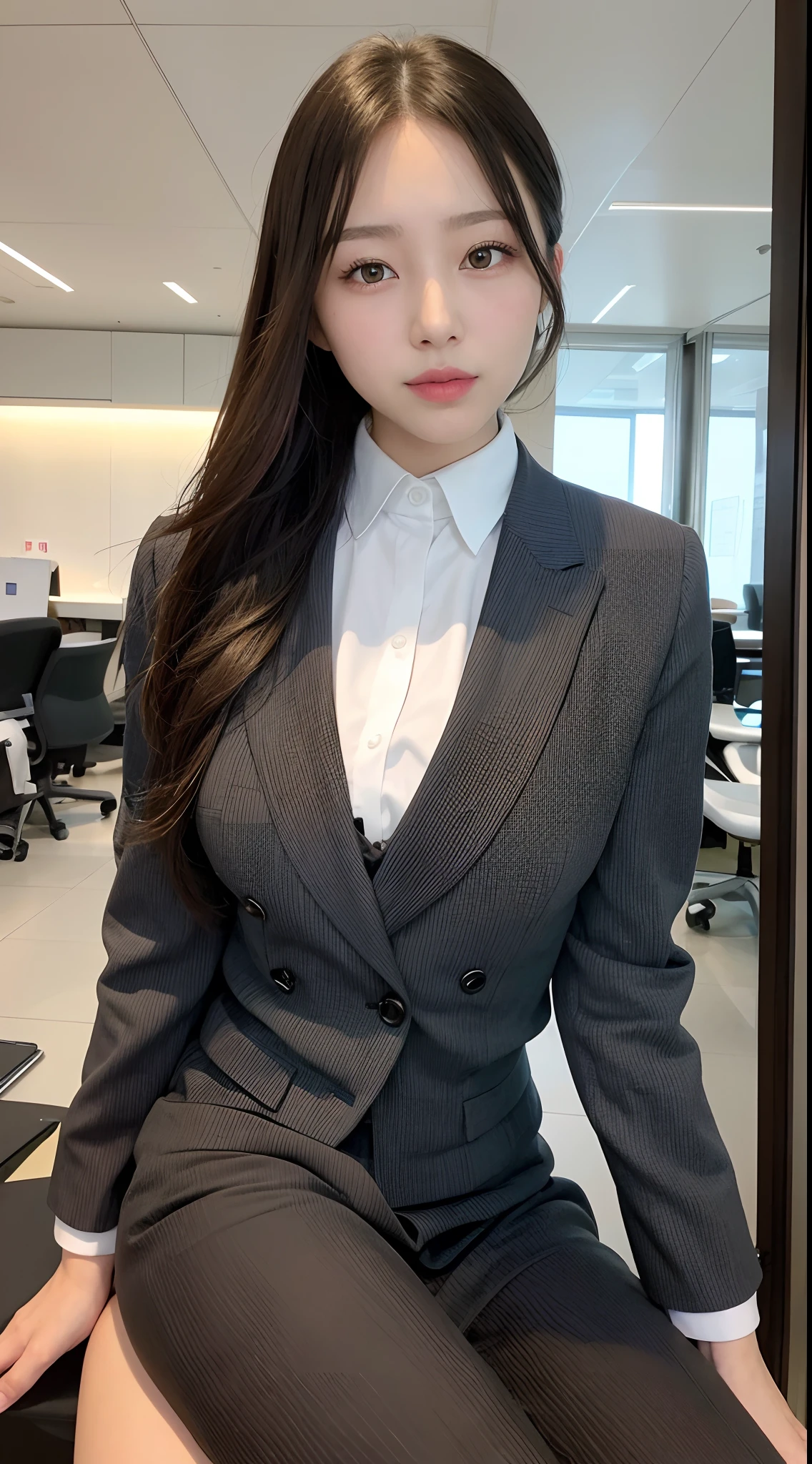 highest quality, realistic, 8K, High resolution, 1 girl, woman, (Moderately: 1.8), office, I can see pubic hair, gray suit, No panties, skirt up, work, sit on a chair and spread your legs wide