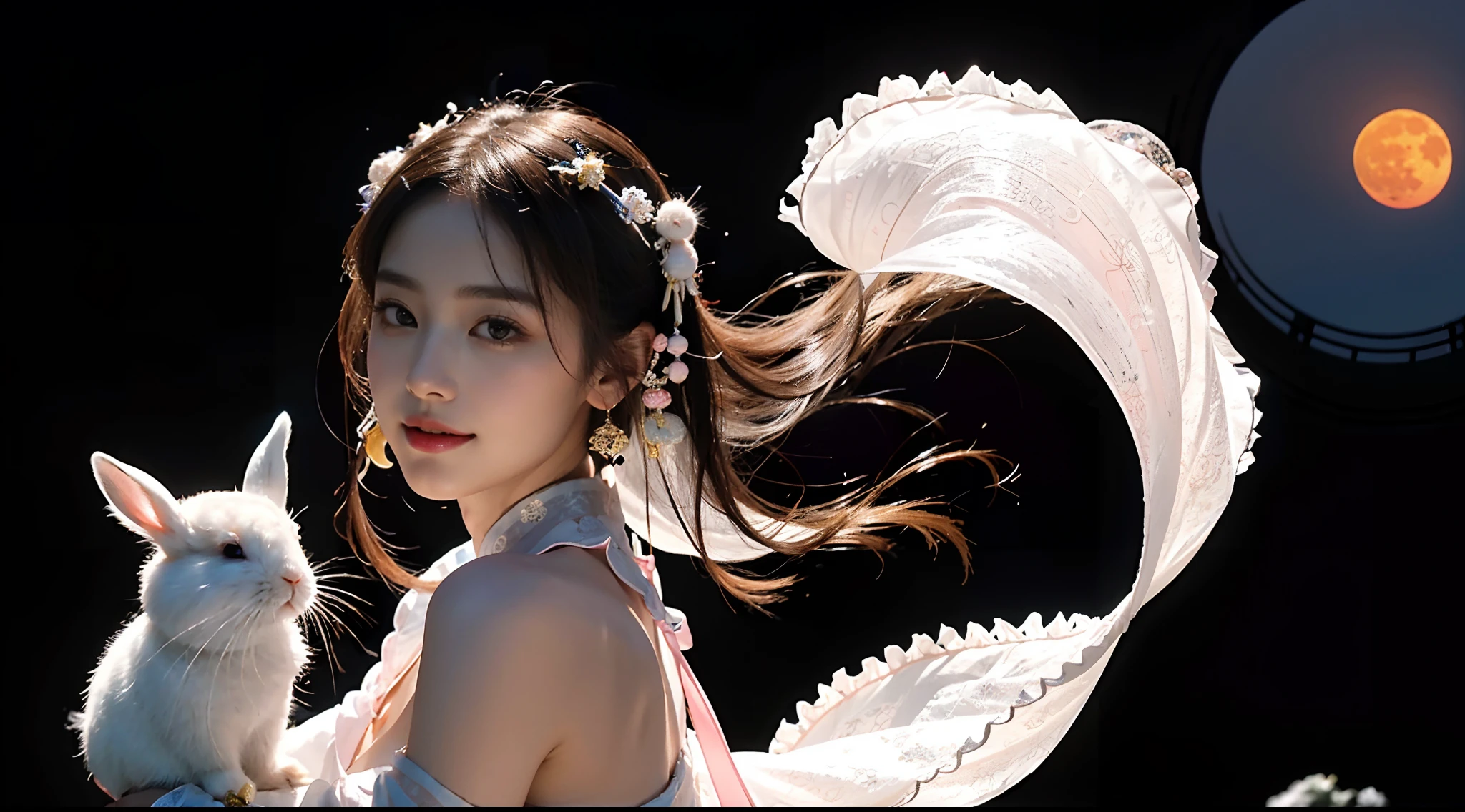 small head, (perfect bodies: 1.1), (short-length straight black short hair: 1.2), （极其细致的CG 8k壁纸），（Extremely refined and beautiful），（masterpiece），（best qualtiy：1.0），（超高分辨率：1.0），[A high resolution],a girl,(chang'e:1.5),fairy,cheerfulness，Smile，Smooth and flawless fair skin，ultra - detailed,(Small breasts:1.1),Flat chest,Slim,thin,(gorgeous white pink transparent princess Hanfu:1.4),(Chinese ancient costume:1.3), (Pink belly pocket:1.3),jewels,Necklaces, earrings, rings, bracelets,（In a luxurious Chinese palace:1.3）,night sky,(A huge moon as the background:1.5),from front，(Close shot:1.3),cowboy shot,(upper body:1.5),bare shoulder,shoulder off,bare breasts,bare back,Charming collarbone,cleavage,navel,Slender legs, white stockings,（Hugging a white long ears rabbit in arms:1.6）,(A detailed rabbit:1.4),Portrait photo,chang'e's attire: flowing fairy gown, embroidered with delicate jade rabbit patterns.Head accessory: golden hairpin adorned with gemstones, shining brightly.Hair: long and glossy, like a waterfall, gently swaying with the breeze.Facial features: exquisitely drawn eyebrows and eyes, clear and bright like autumn water.Lips: slightly parted in a serene smile, captivating and charming like a blooming flower.Holding: cradling a snow-white jade rabbit in her arms, its red eyes gleaming with liveliness.Interaction: tenderly caressing the rabbit's long ears, exchanging affectionate looks.Expression: radiant smile, gazing gently into the rabbit's eyes, as if listening to its whispers.Setting: the enchanting moonlight, the mysterious and gentle Chang'e and the jade rabbit, a scene of captivating beauty