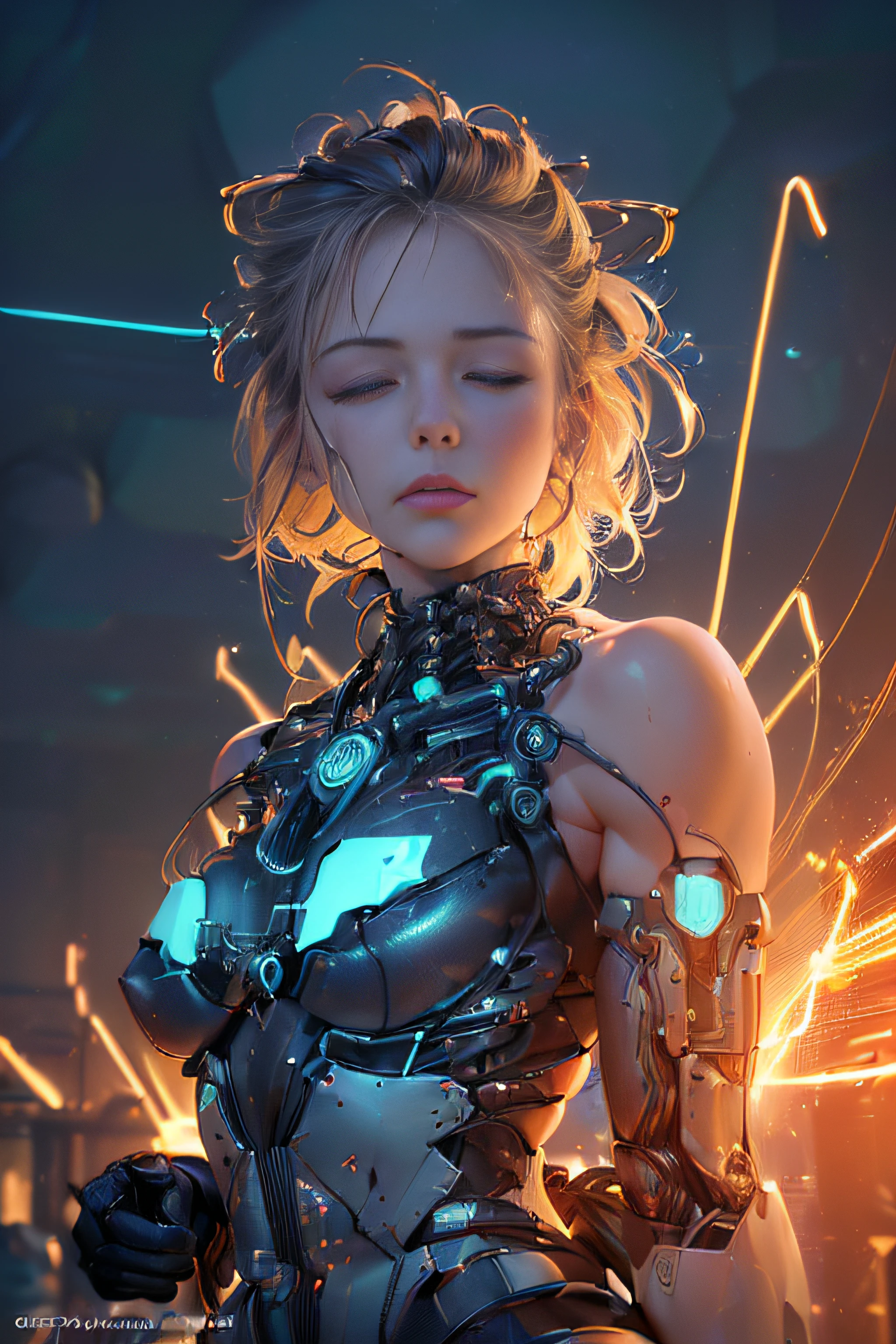 (((Highest quality))), ((background: Electric explosion)), ((Large Large Electric Clouds)), ((Ultra Definition)), (Highly detailed realistic photo), (((Delicate and beautiful features)), (Detailed plastic face)), cinematic light, ((Neon mechanical bodies)), (((sans expression))), seulement, corps entier, ((Plastic head)), (((chauve))), Mechanical plastic head, ((cheveux: electrical cables1.5)), ((White plastic head)), (((closed eyes)), ((Metal neon seals: 1.8), (fully mechanical limbs)), (((blood networks connected to cables))), (Electric spine attached to the back), (cervical machine vertebrae attached to the neck and face)), ((Heroic break)), (((Electrical wires and neon cables attached to the head: 1.5))), nombreuses petites lampes LED intense sur le corps, Science-fiction, Detailed neon lights, ((intricate high detail, Realstic, photo-realistic, photo-realistic:1.37))