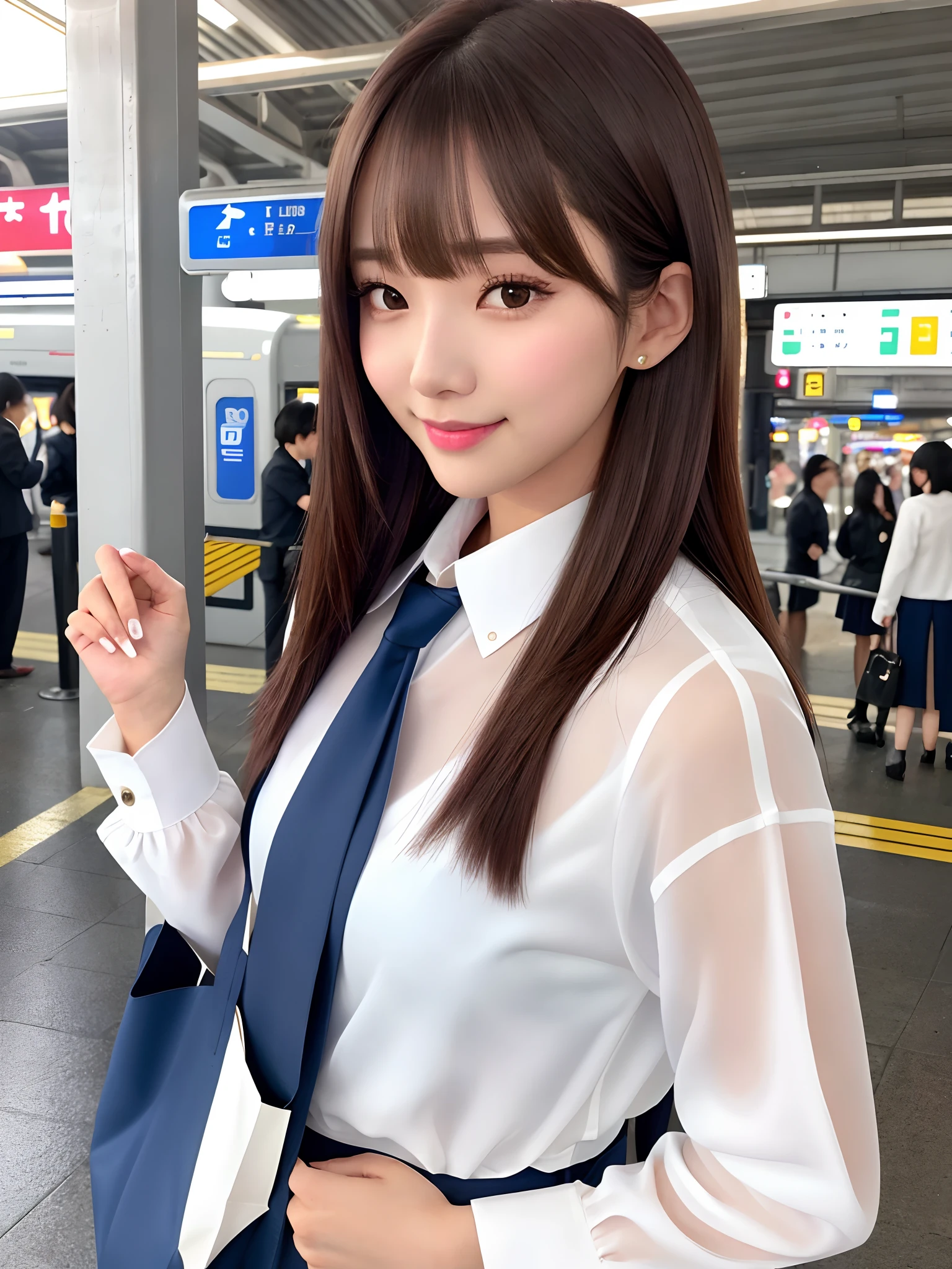 product quality, 1girl, upper body shot, front view, a Japanese young pretty woman, long bob hair, waiting for the train at a platform in the crowded big station with a big smile in the evening, beautiful sunset, glamorous figure, wearing a long sleeves white collared silky satin shirt with shiny satin dark blue plain tie, wearing a dark blue pleated long skirt, carrying one tote bag over her shoulder, hyper cute face, glossy lips, double eyelids in both eyes, natural makeup, long eyelashes, shiny smooth light brown long bob hair, asymmetrical bangs, a tanned skin, central image, high resolution, high detail, detailed hairstyle, detailed face, spectacular cinematic lighting, octane rendering, vibrant, hyper realistic, perfect limbs, perfect anatomy