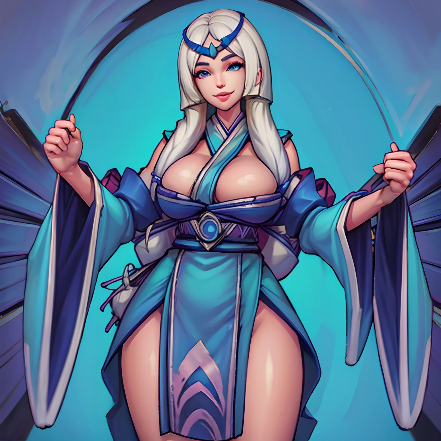 Bigboob,white hair,blue outfit,close mouth smile,1girl,solo photoahoot,look at viewer
