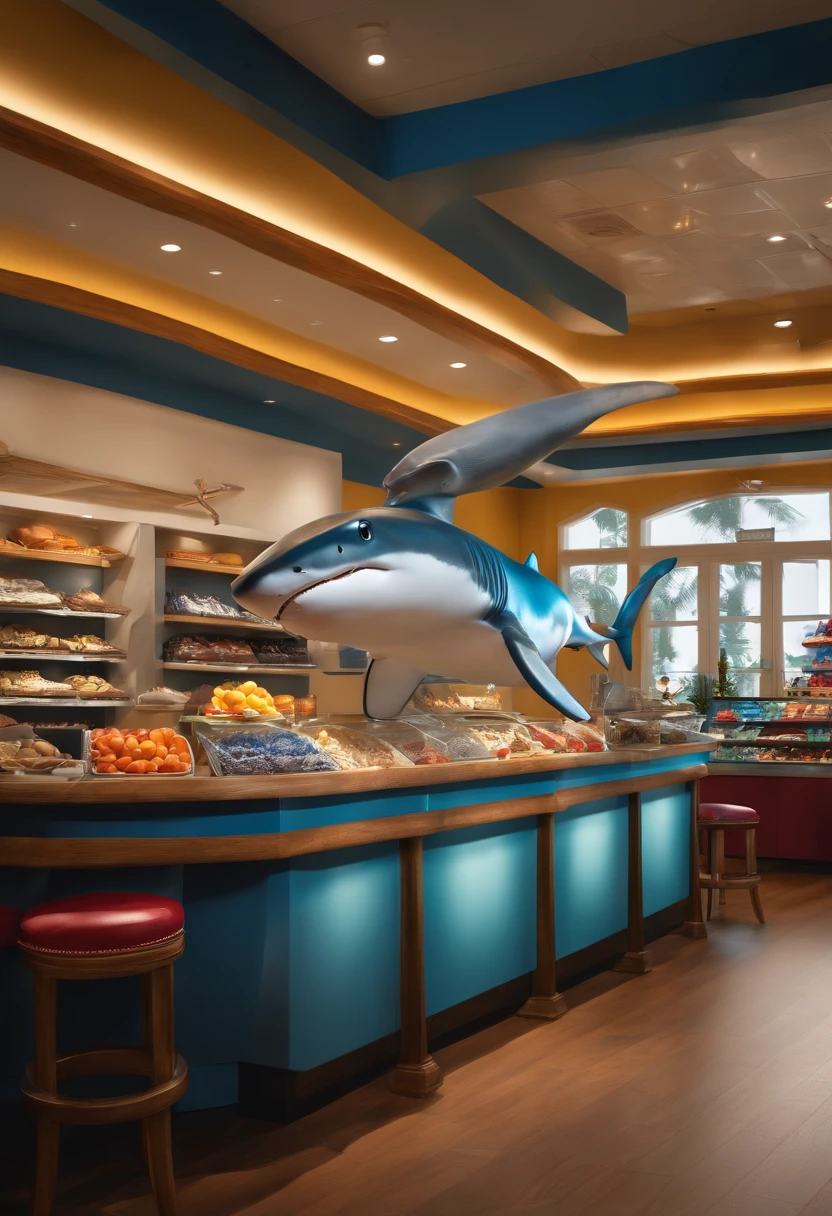 (best quality,highres,masterpiece:1.2),ultra-detailed,(realistic,photorealistic,photo-realistic:1.37),cute and friendly mini shark mascot,in a vibrant and colorful illustration style,inspired by Disney characters,with a muscular physique,depicted in a dynamic pose,showcasing its strength and power,located inside a supplements store,interacting with customers,conveying a sense of energy and enthusiasm,emphasizing its charming and likable personality,illuminated by bright, warm lighting,creating a lively and inviting atmosphere,with a focus on capturing the details of the shark's beautifully crafted face,the meticulous rendering of its expressive eyes,the intricate textures of its skin,and the impressive definition of its sharp teeth.