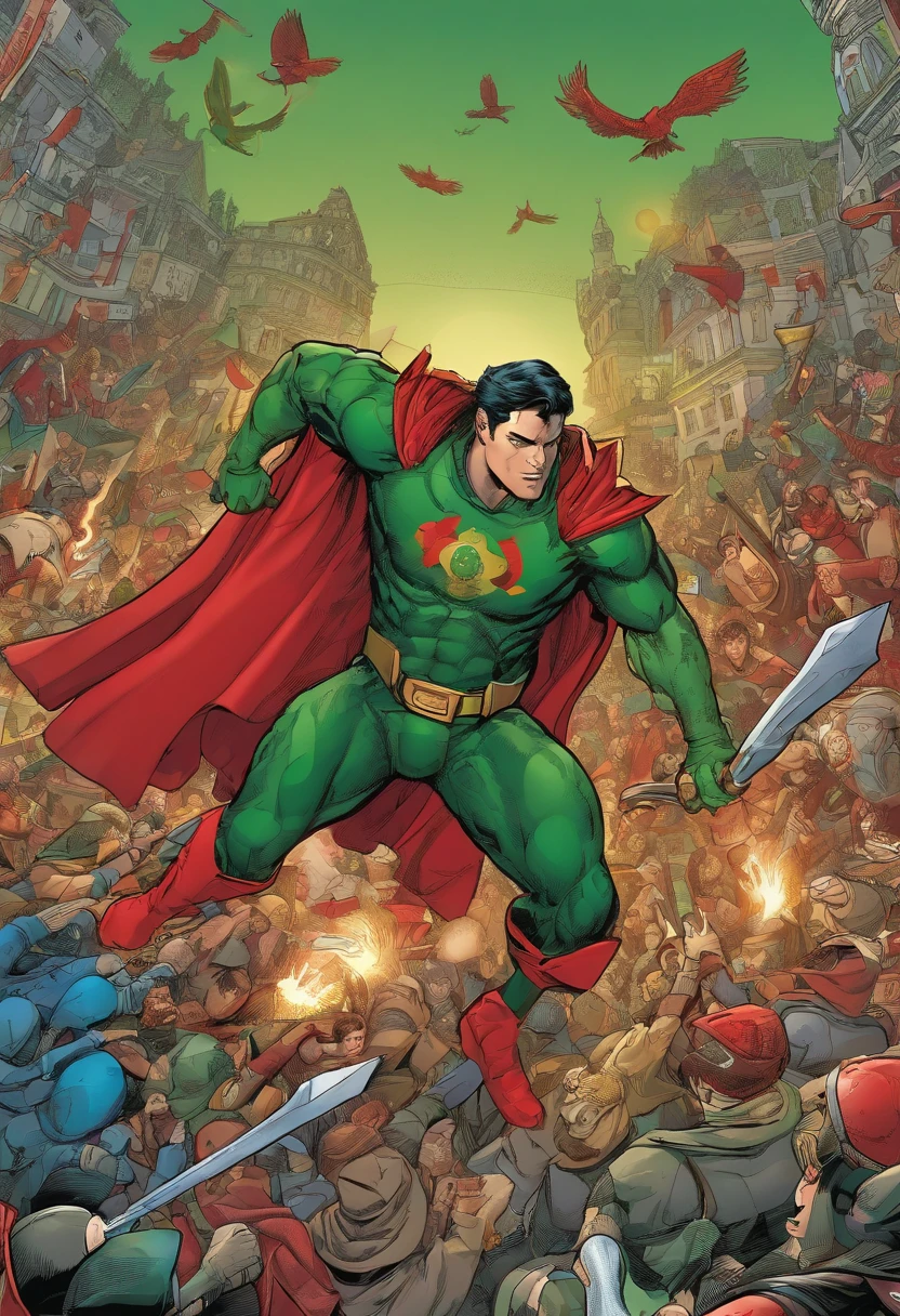 A highly detailed image of a Portuguese superhero dressed in a red and green armor suit, com uma capa preta e capuz cobrindo seu rosto. Ele tem um escudo no peito, com as quinas e castelos de Portugal. He's on top of a red motorcycle, Lisboa, at night, surrounded by criminals and villains