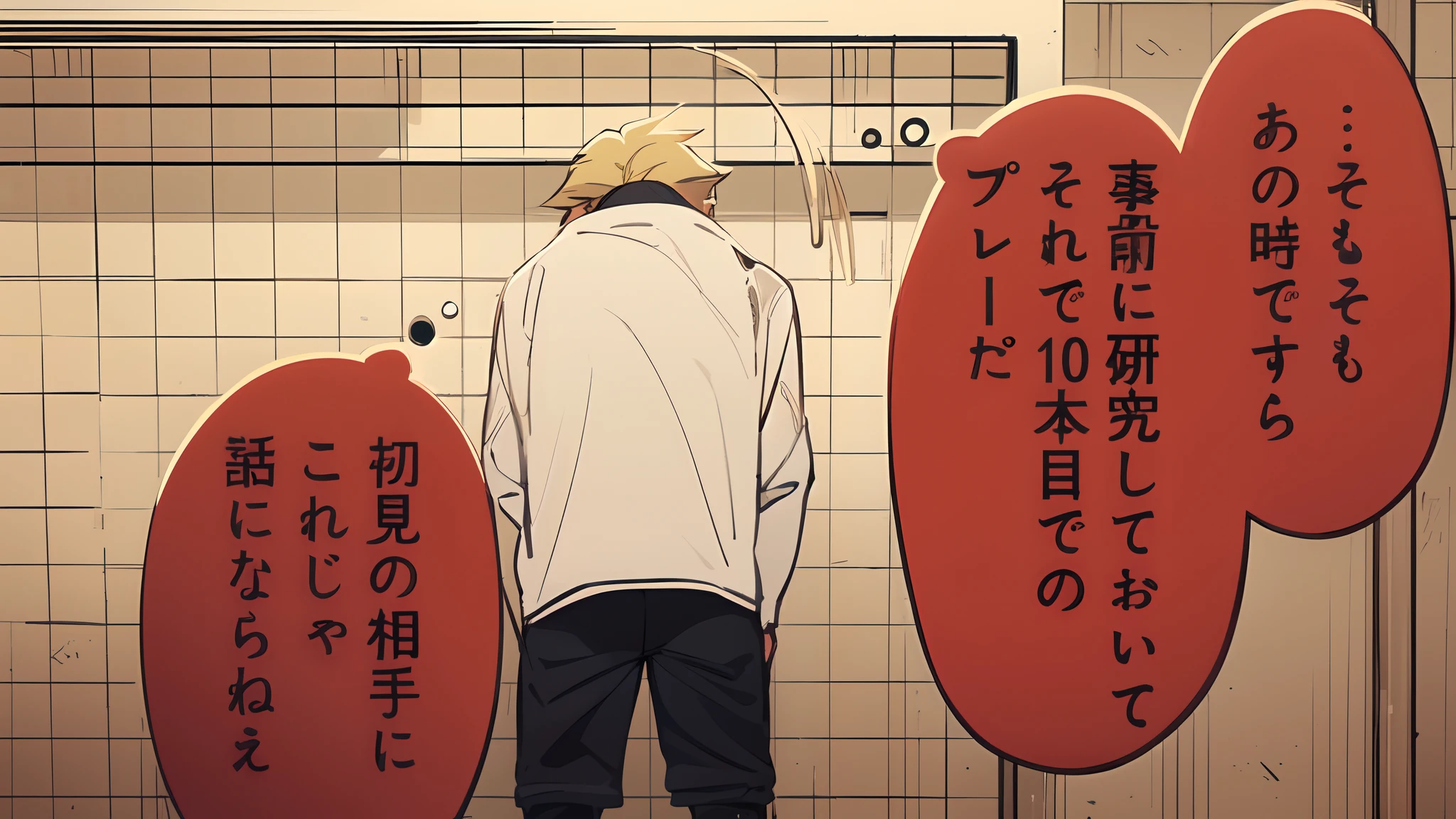 a anime of a boy cartoon from behind, from behind, blonde hair, longsleeve, short, manga, text manga, color manga, manga color, color manga, color manga panel, a simple background