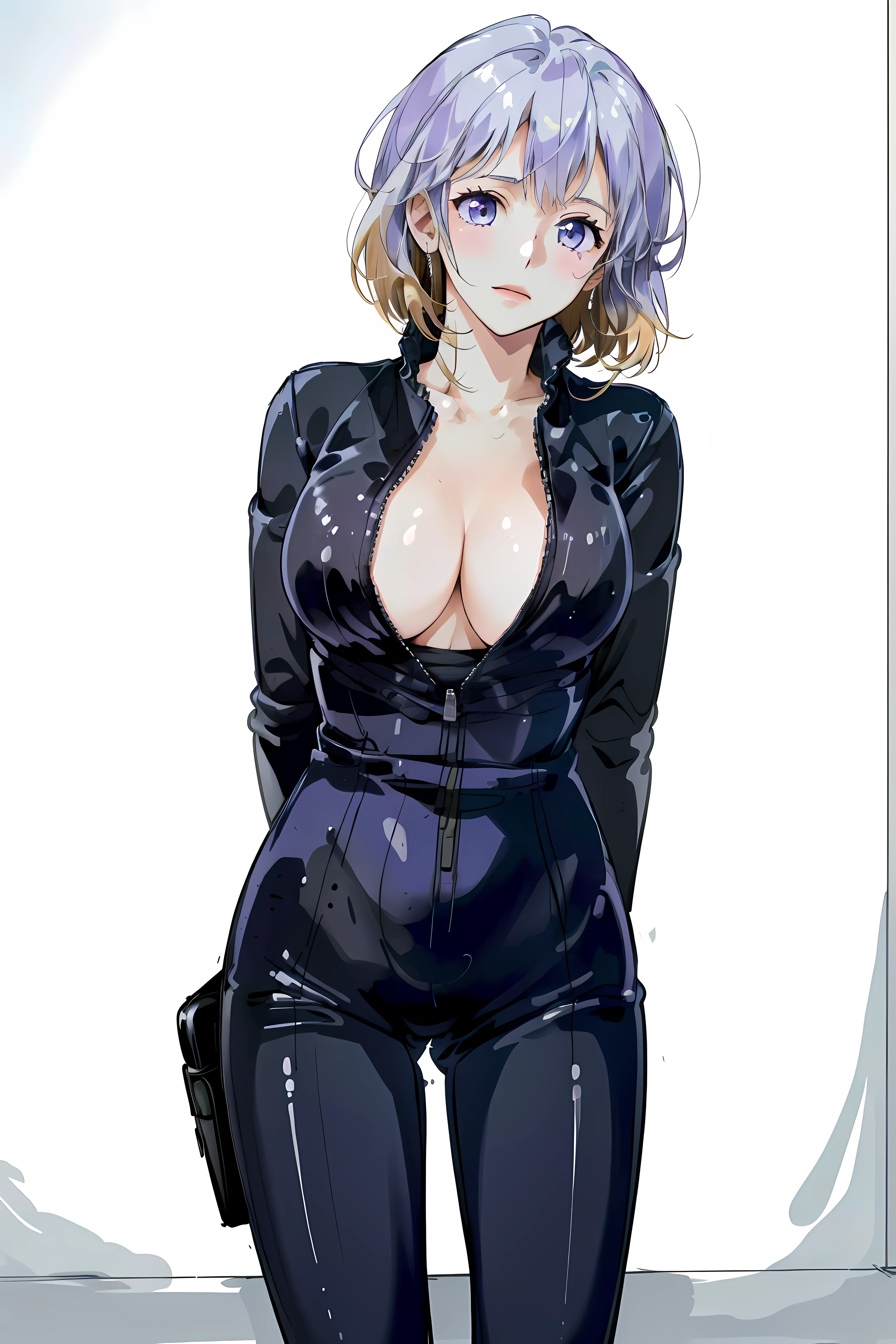 ((((masterpiece, best quality, high resolution)))), latex bikesuit, (1girl:1.5), (large breasts: 1.2), solo, cleavage, large breasts, blonde hair, looking at viewer, white background, purple eyes, simple background, arms behind back, cowboy shot, white hair, bob cut, full-length zipper, open clothes, open chest